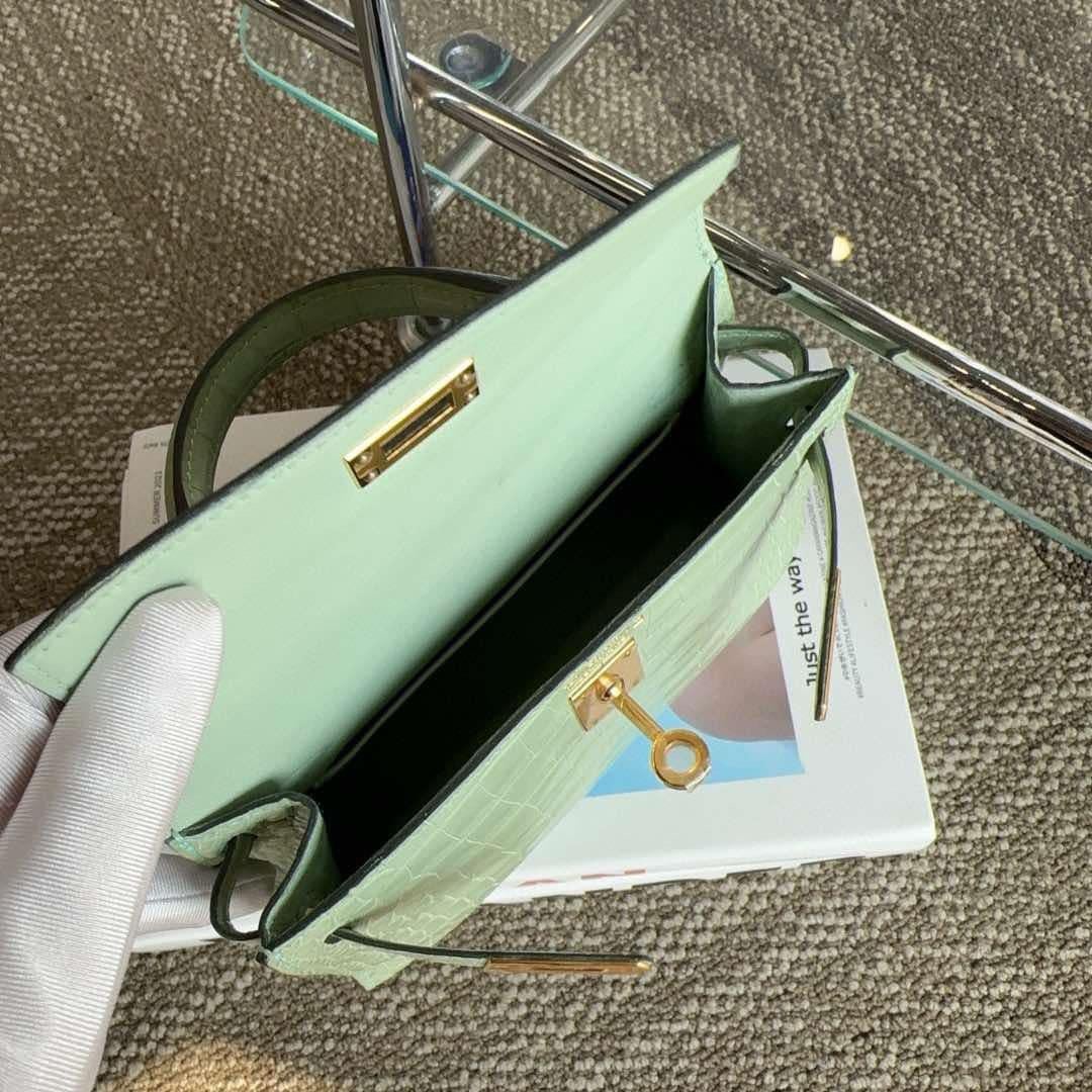 Verde Hermes Mini Kelly II 20 Vert d'eau Borsa in alligatore opaco GHW in vendita