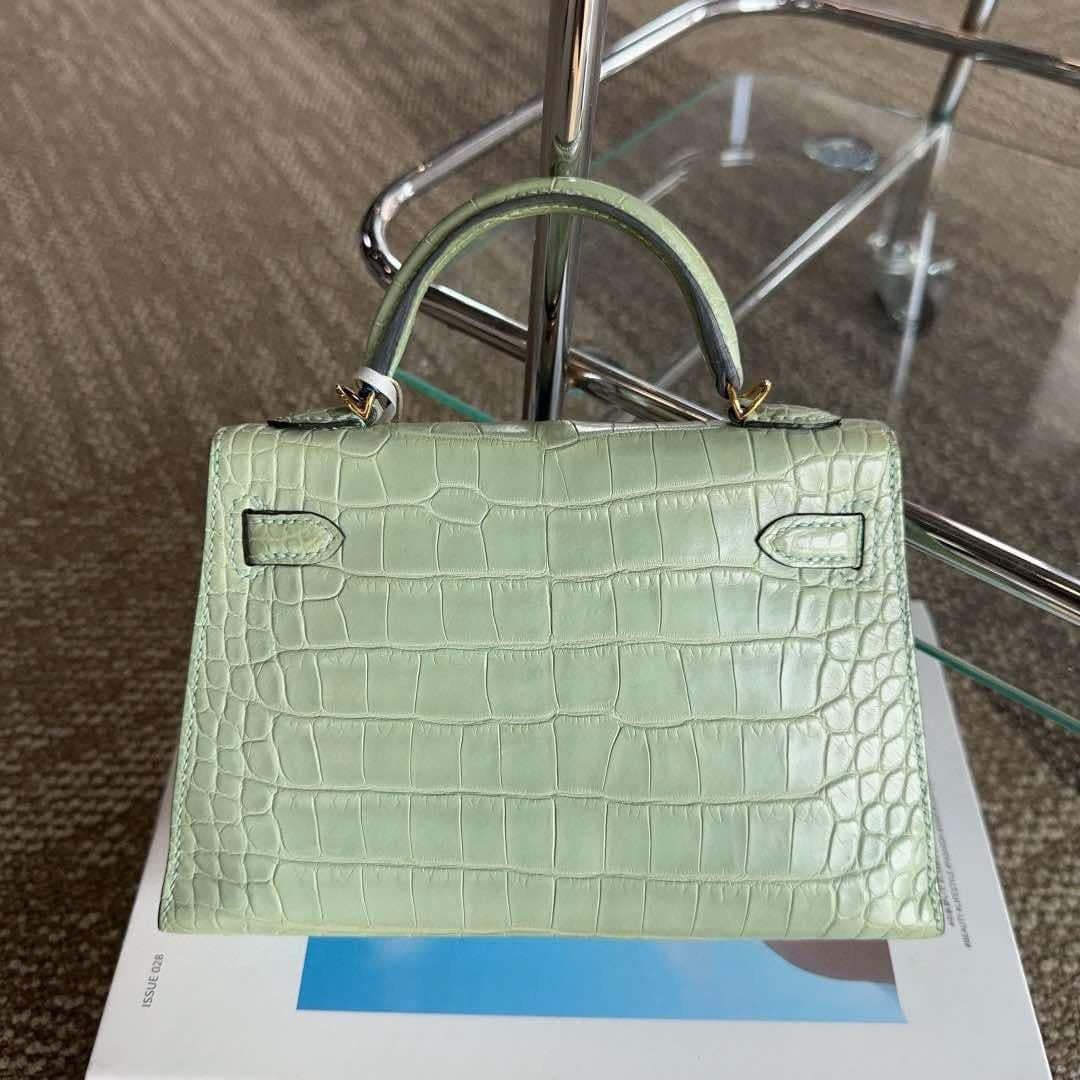 Hermes Mini Kelly II 20 Vert d'eau Borsa in alligatore opaco GHW in vendita 1