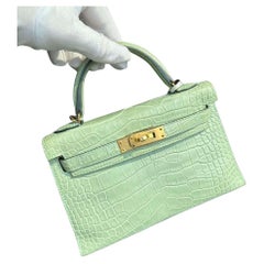 Hermes Mini Kelly II 20 Bolso de aligátor mate Vert d'eau GHW