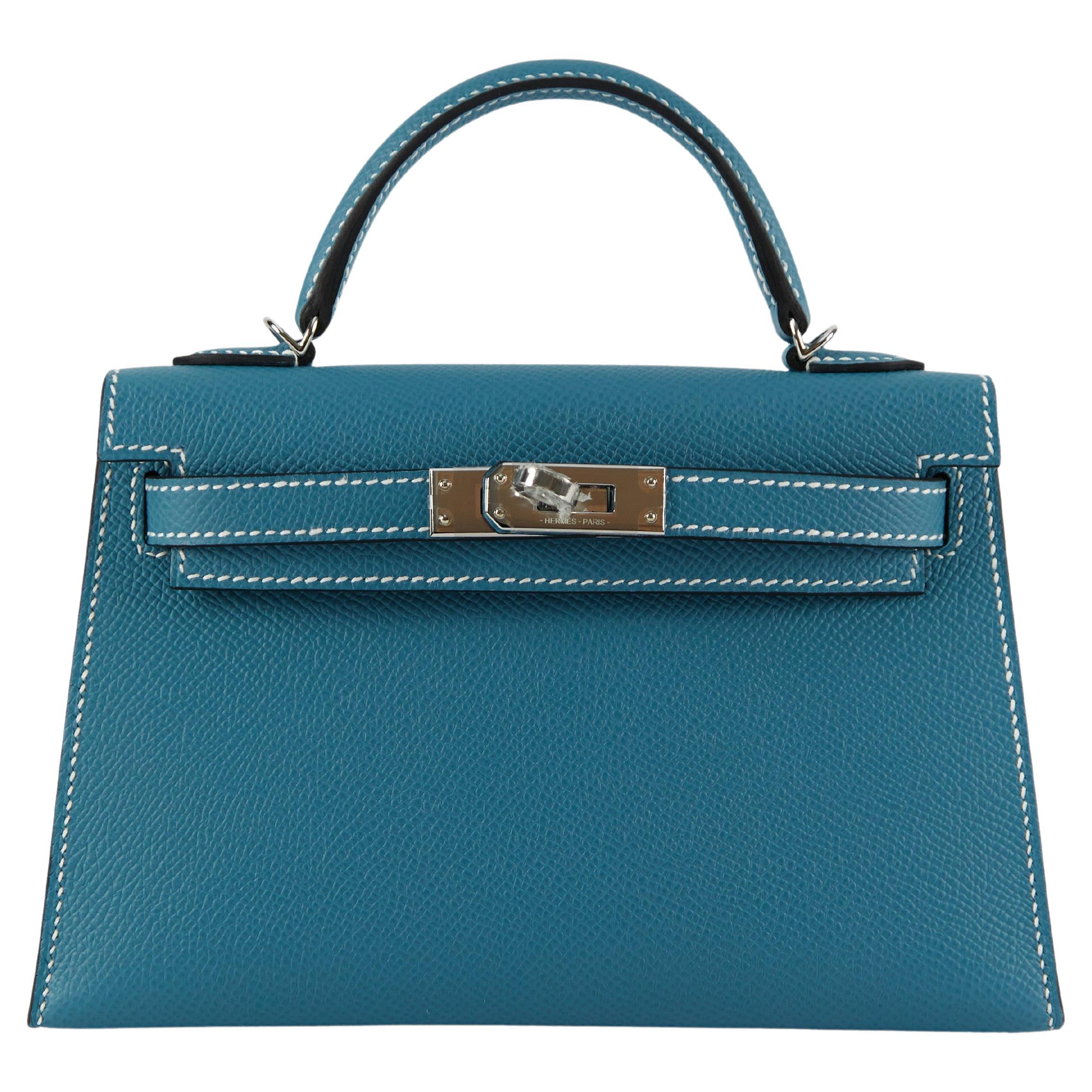 Hermès MINI KELLY II 20CM BLUE JEAN Cuir d'Epsom et accessoires Palladium en vente