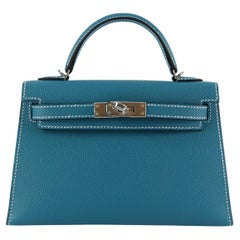 Hermès MINI KELLY II 20CM BLUE JEAN Cuir d'Epsom et accessoires Palladium