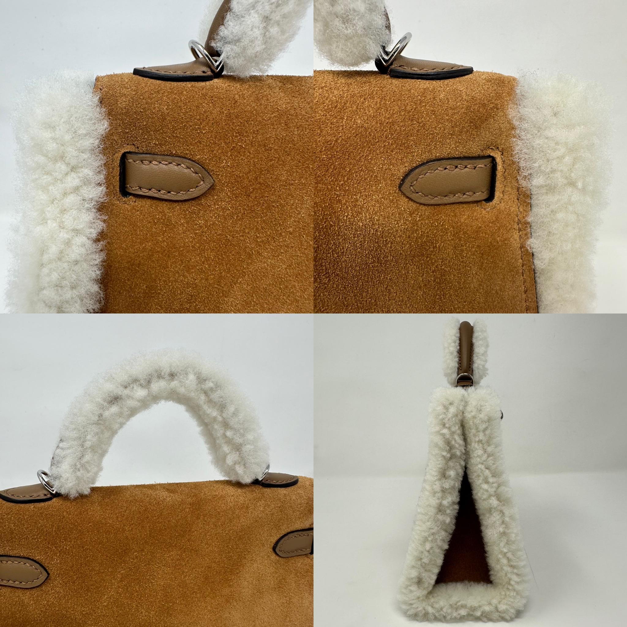 HERMES Mini sac Kelly Plush Chamois Grizzly Suede & Merino Shearling PHW en vente 7