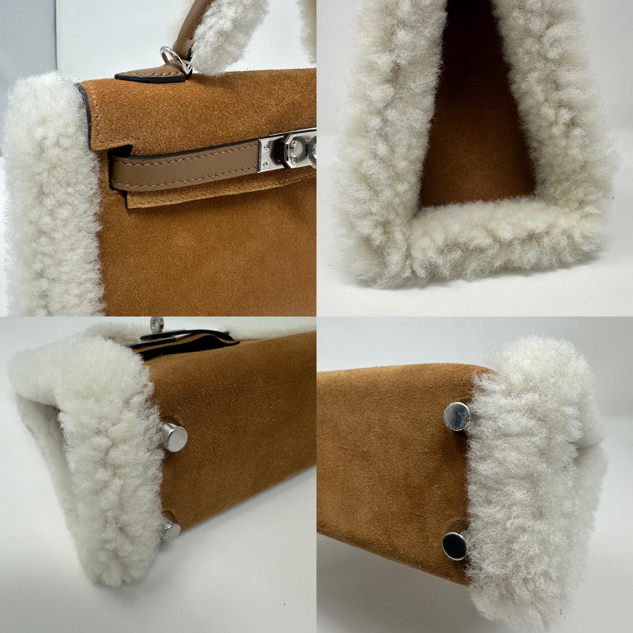 HERMES Mini Kelly Plush Chamois Grizzly Suede & Merino Shearling PHW Bag For Sale 8