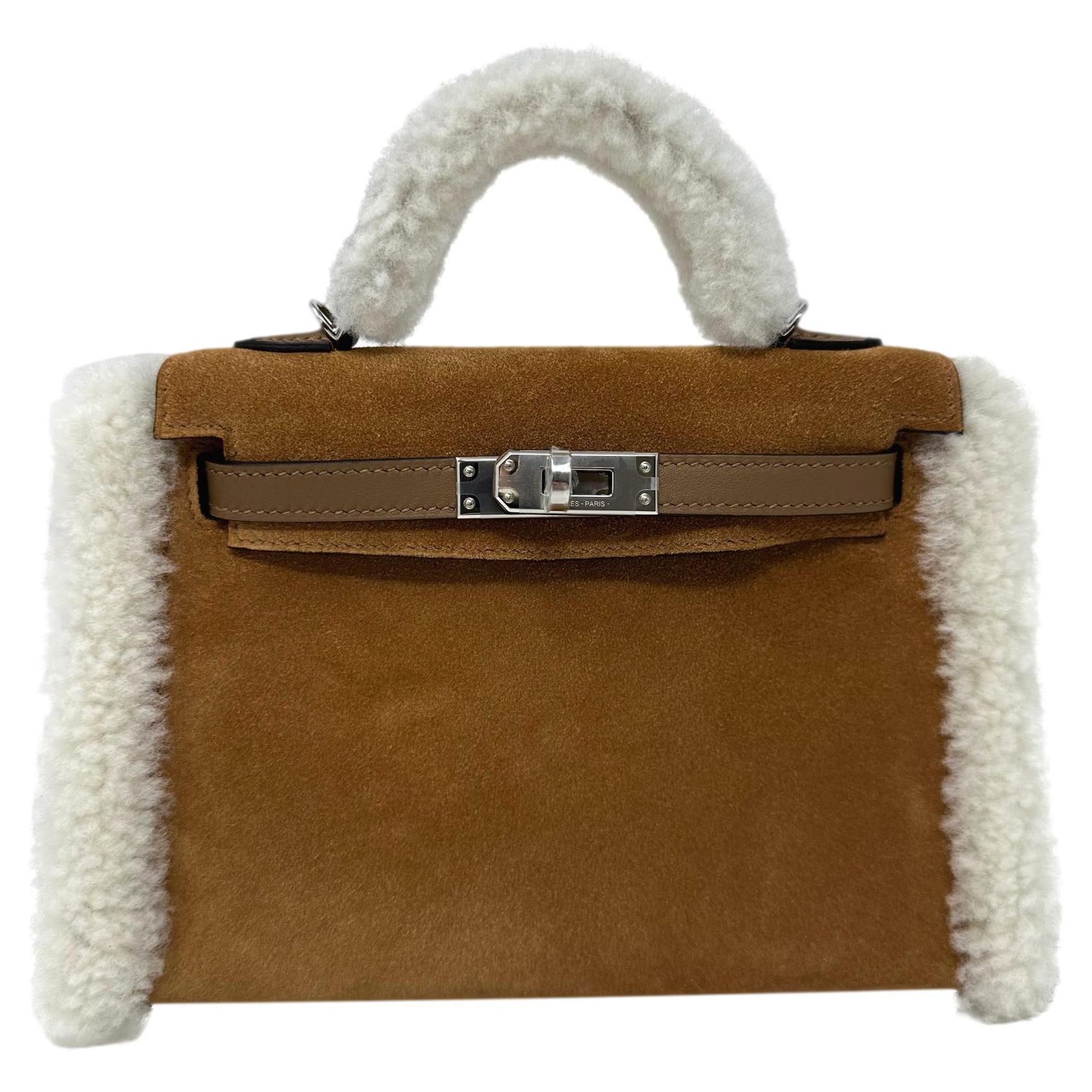 HERMES Mini Kelly Plush Chamois Grizzly Suede & Merino Shearling PHW Bag For Sale