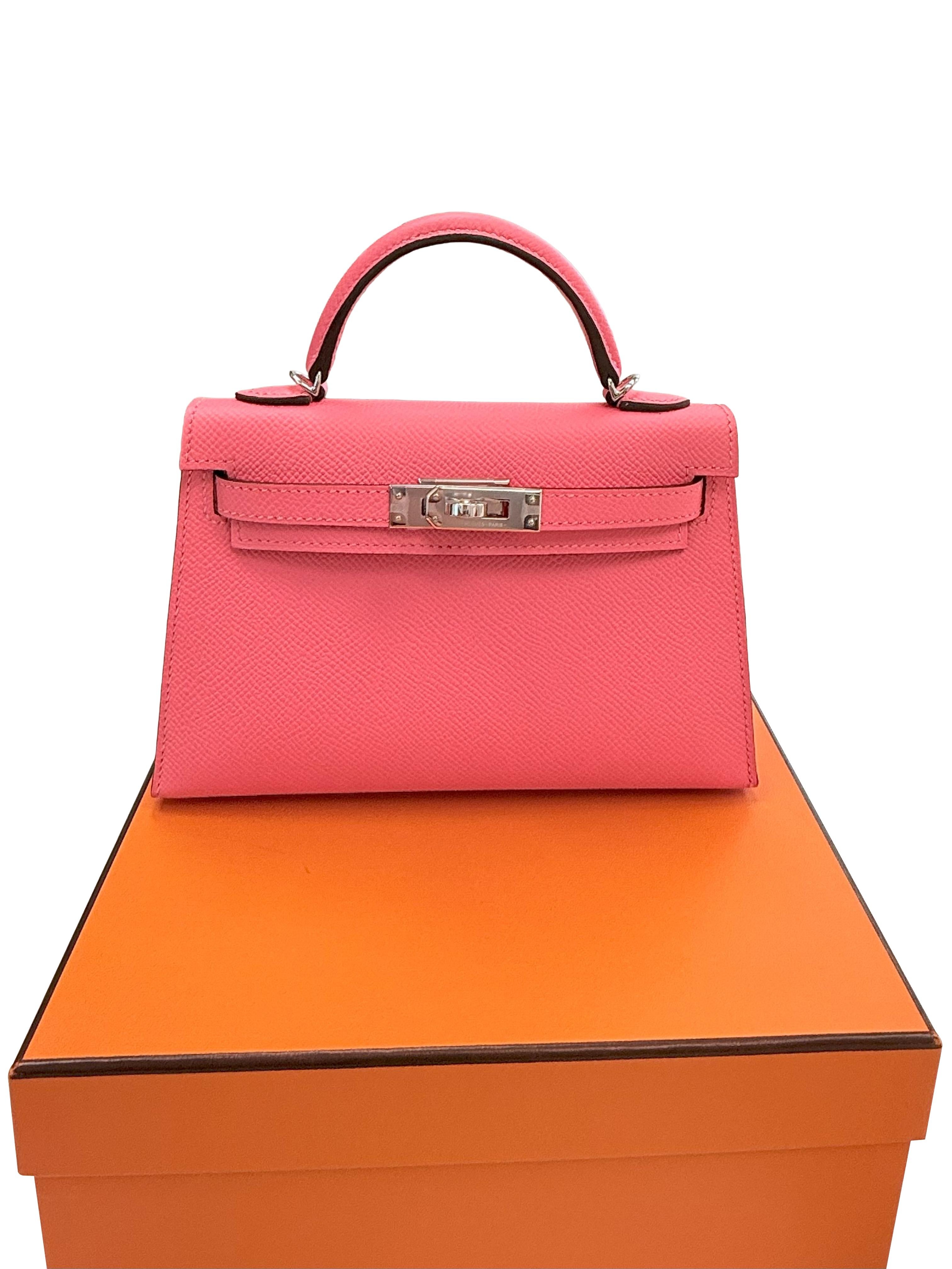 Hermes Mini Kelly Rose Azalee in pelle Epsom con hardware Palladium in vendita 1