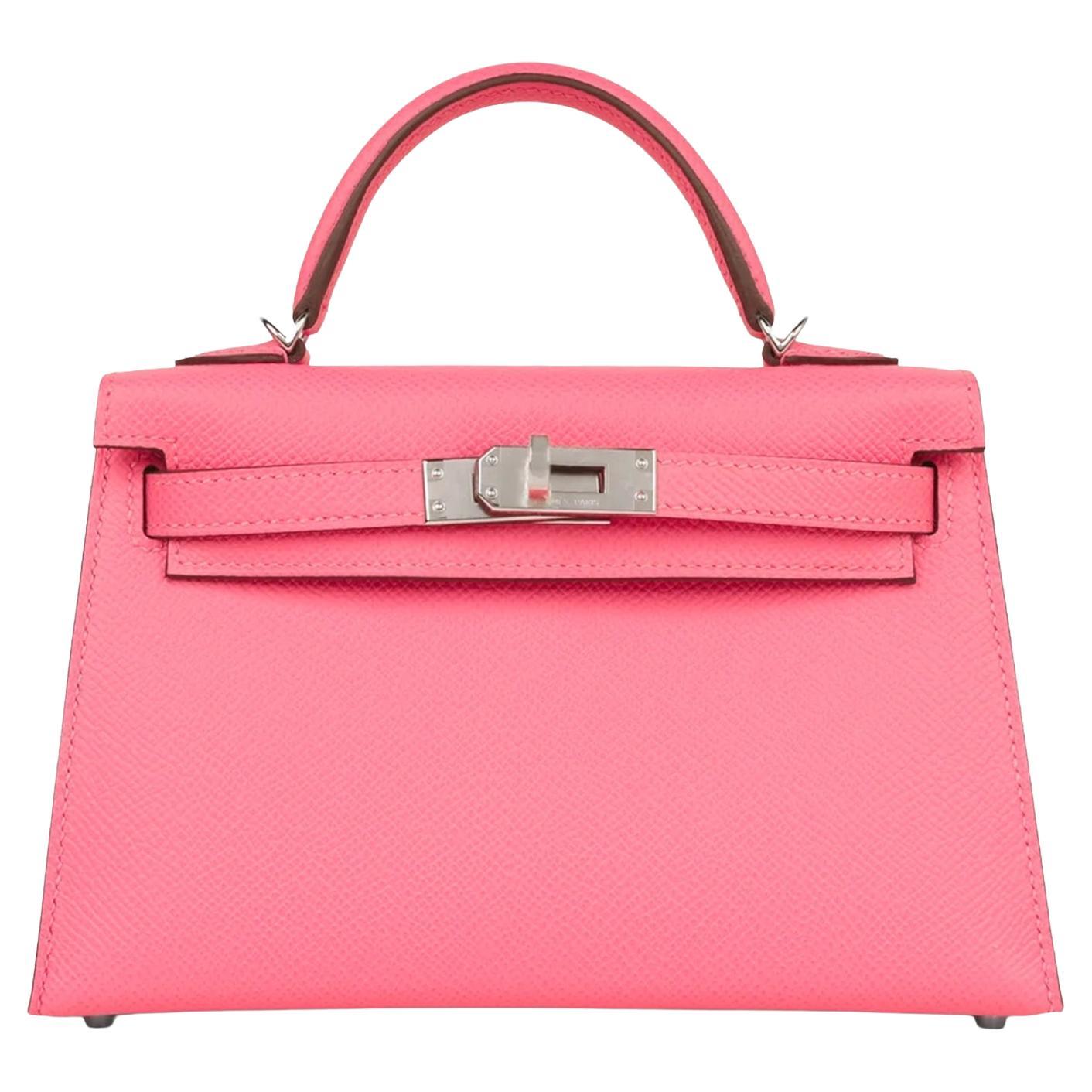 Sac à main Hermes Mini Kelly Rose Azalee en cuir d'Epsom avec quincaillerie Palladium