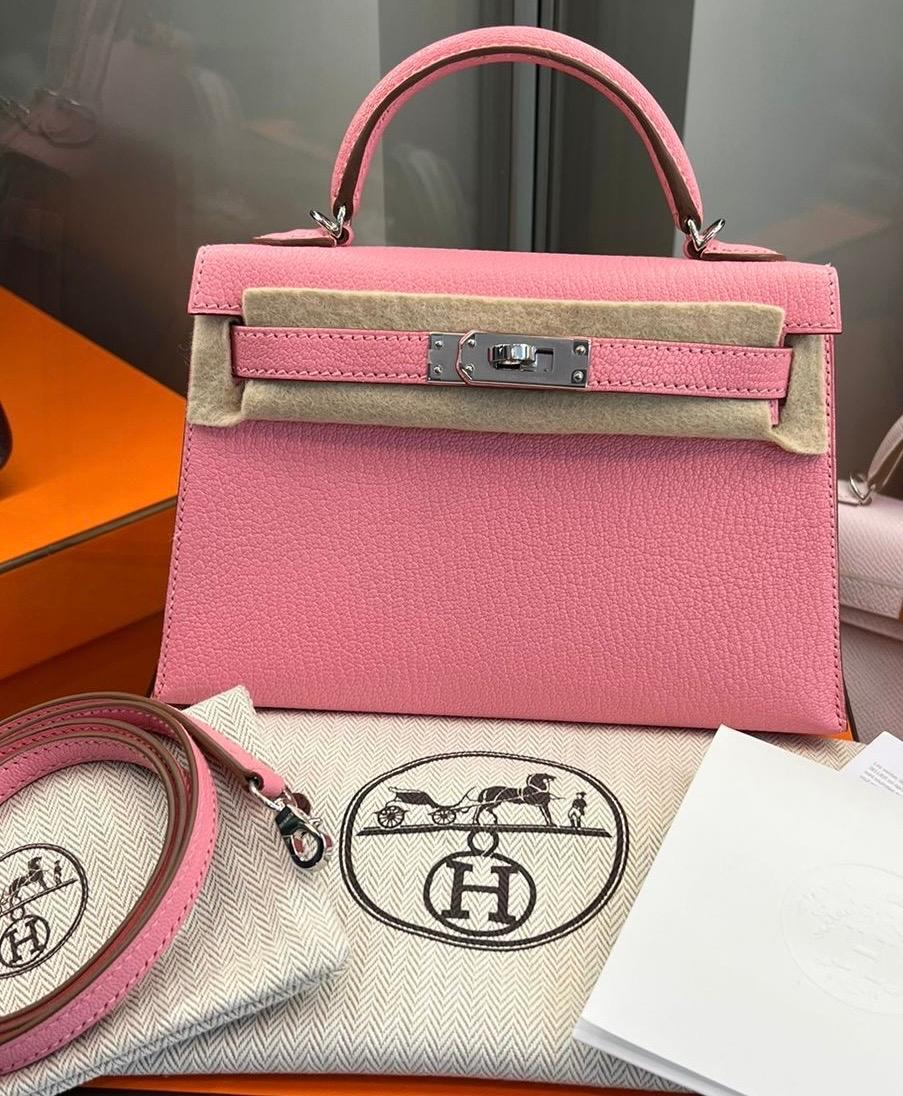 Hermes Mini Kelly Rose Confetti Chevre leather palladium hardware. One of the most desirable pastel pink colours of Hermes. Y stamp, excellent condition. Comes with box, dustbag, felt, carebook and receipt. 