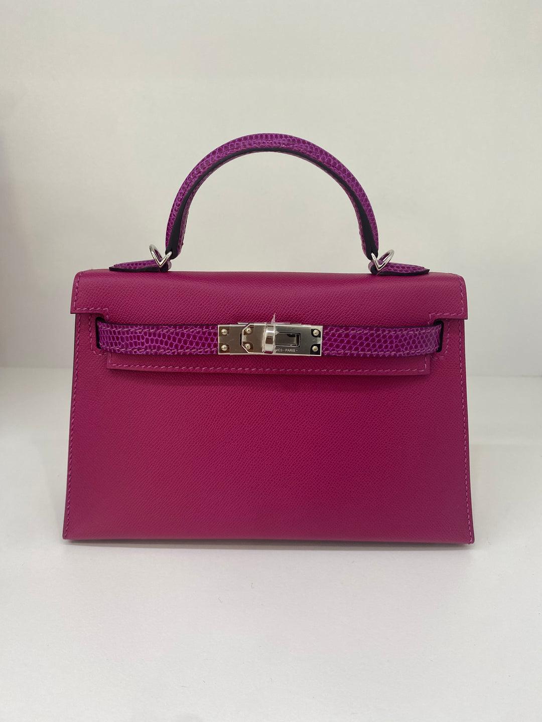 Hermes Mini Kelly Rose Pourpre - Veau madame/Lizard PHW For Sale 4