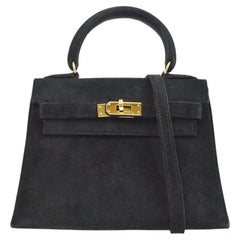 HERMES Mini Kelly Sellier 20 Umhängetasche aus schwarzem Wildleder mit goldenen Beschlägen