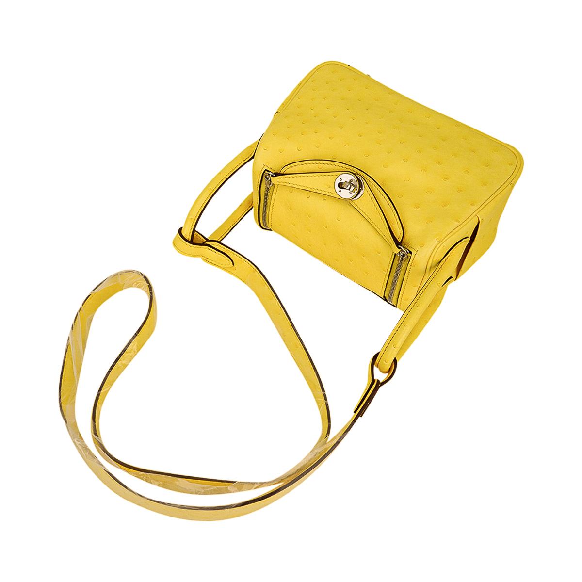 Yellow Hermes Mini Lindy 20 Bag Jaune Citron Ostrich Boreal w/ Palladium Hardware For Sale