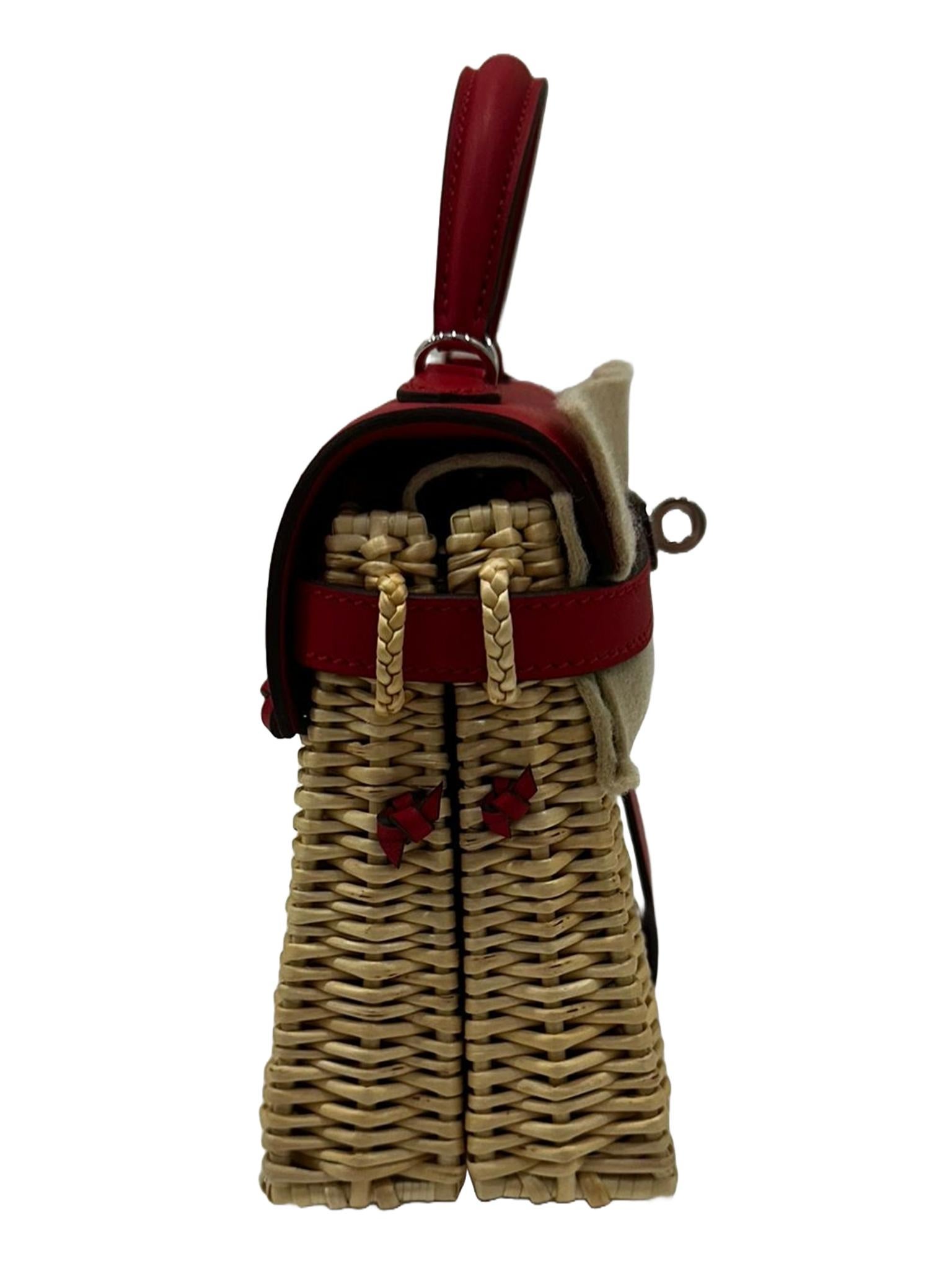 Hermes Mini Picnic Kelly 20 Rouge de Coeur Swift Osier Wicker Palladium Hardware in vendita 5