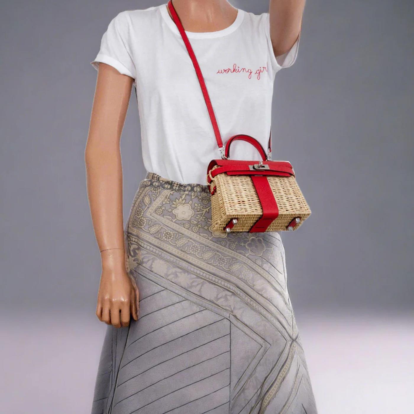 Hermes Mini Picnic Kelly 20 Rouge de Coeur Swift Osier Wicker Palladium Hardware in vendita 10