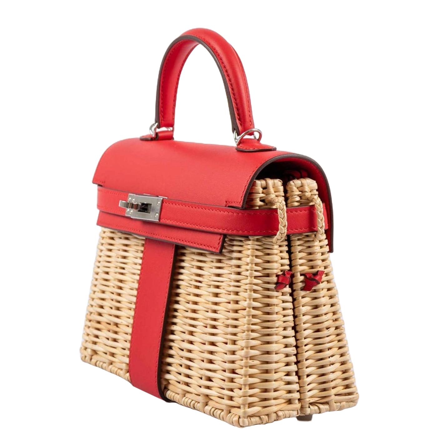 Rosso Hermes Mini Picnic Kelly 20 Rouge de Coeur Swift Osier Wicker Palladium Hardware in vendita
