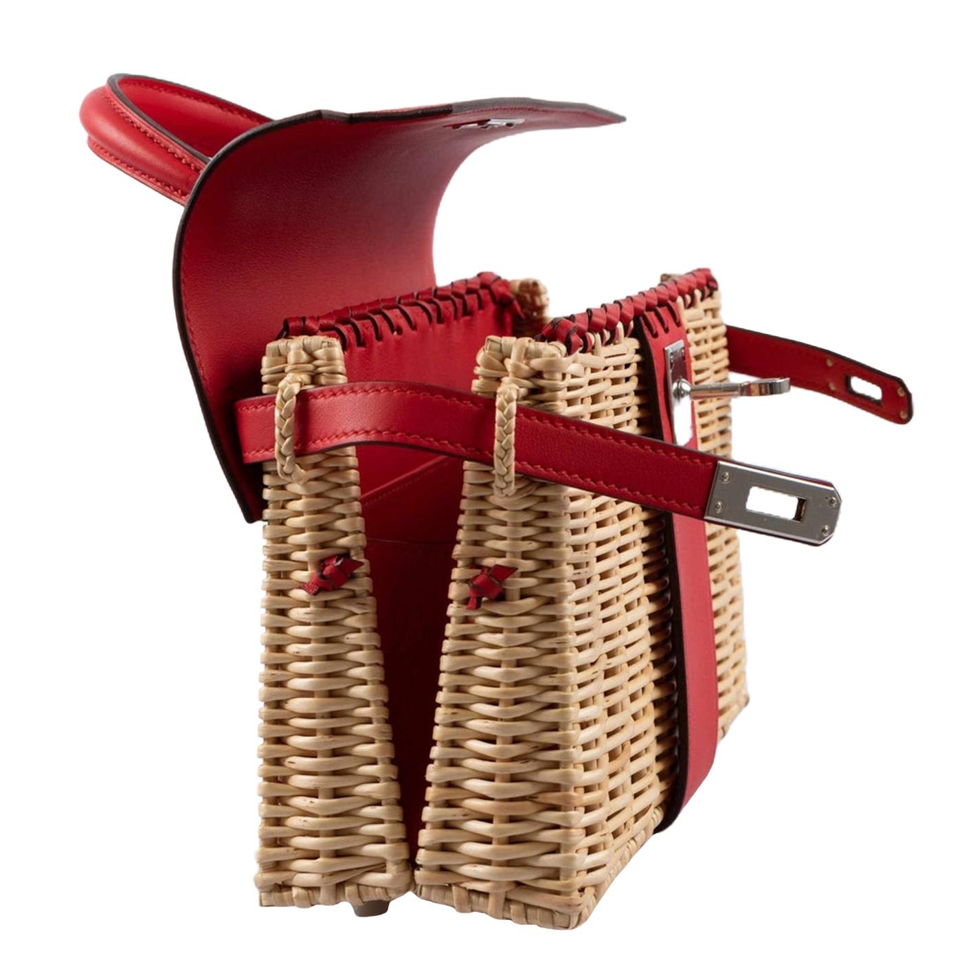 Donna Hermes Mini Picnic Kelly 20 Rouge de Coeur Swift Osier Wicker Palladium Hardware in vendita