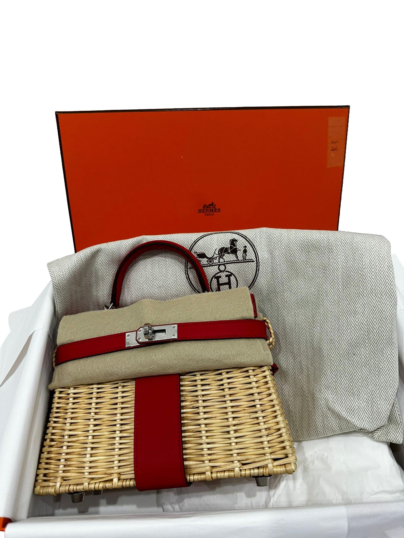 Hermes Mini Picnic Kelly 20 Rouge de Coeur Swift Osier Wicker Palladium Hardware in vendita 2