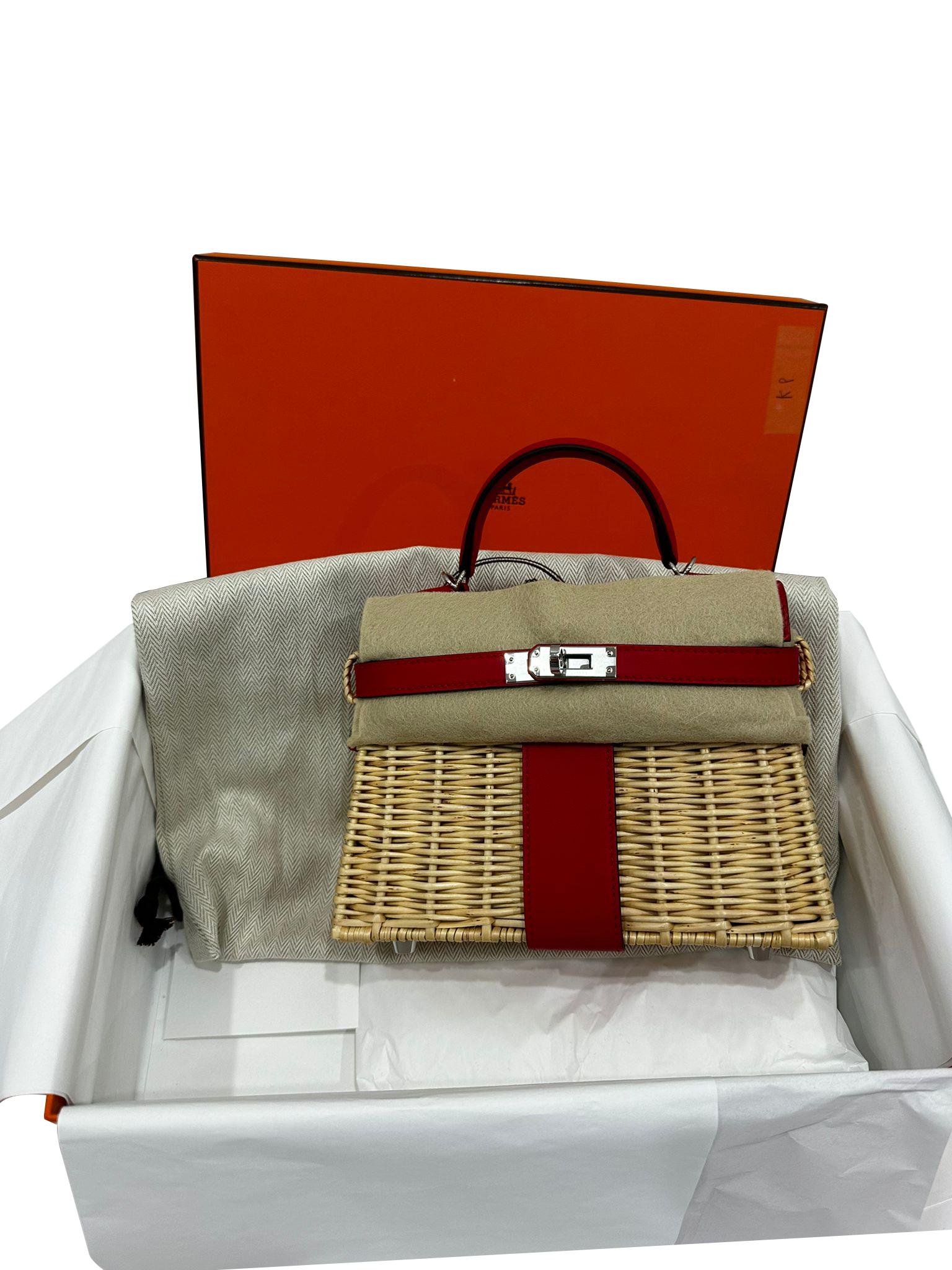 Hermes Mini Picnic Kelly 20 Rouge de Coeur Swift Osier Wicker Palladium Hardware in vendita 3