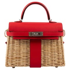 Hermes Mini Picnic Kelly 20 Rouge de Coeur Swift Osier Wicker Palladium Hardware