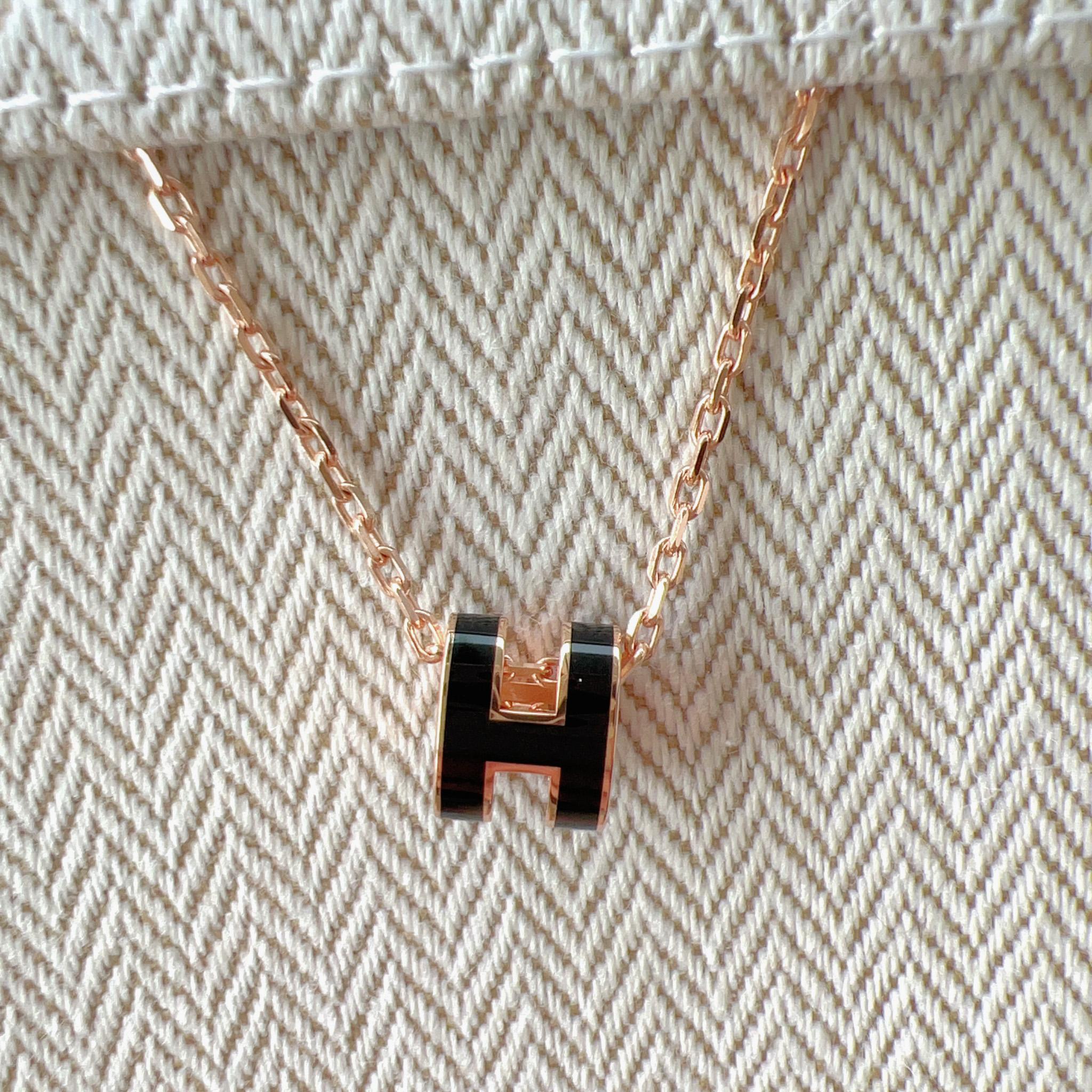 Hermes Mini Pop H Necklace In Black Lacquered Metal And Rose Gold In New Condition In London, GB