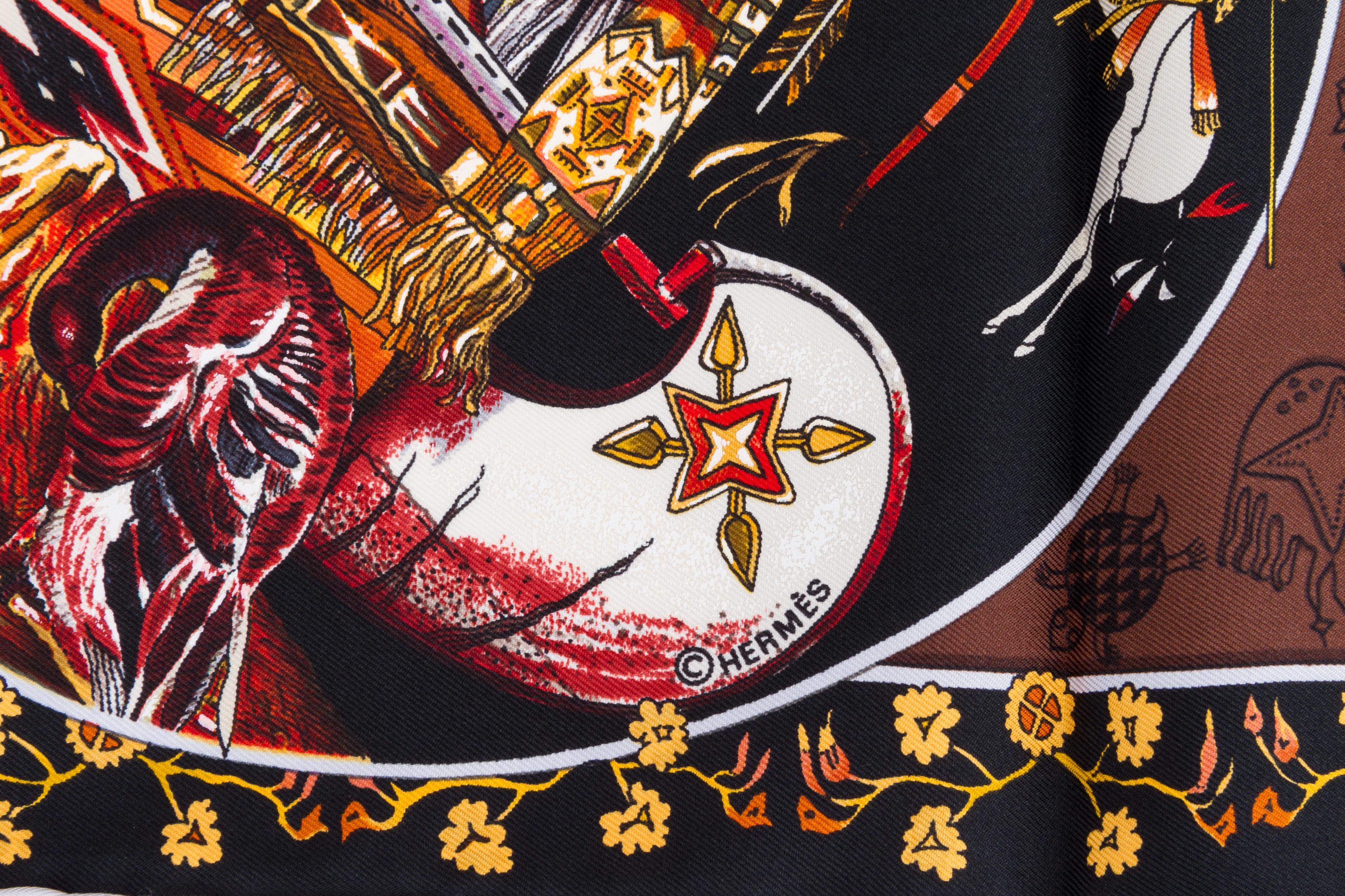 Hermes collectible silk 90cm twill Mythologies des Hommes Silk Scarf designed by coveted US designer, Kermit Oliver. Mint condition.
