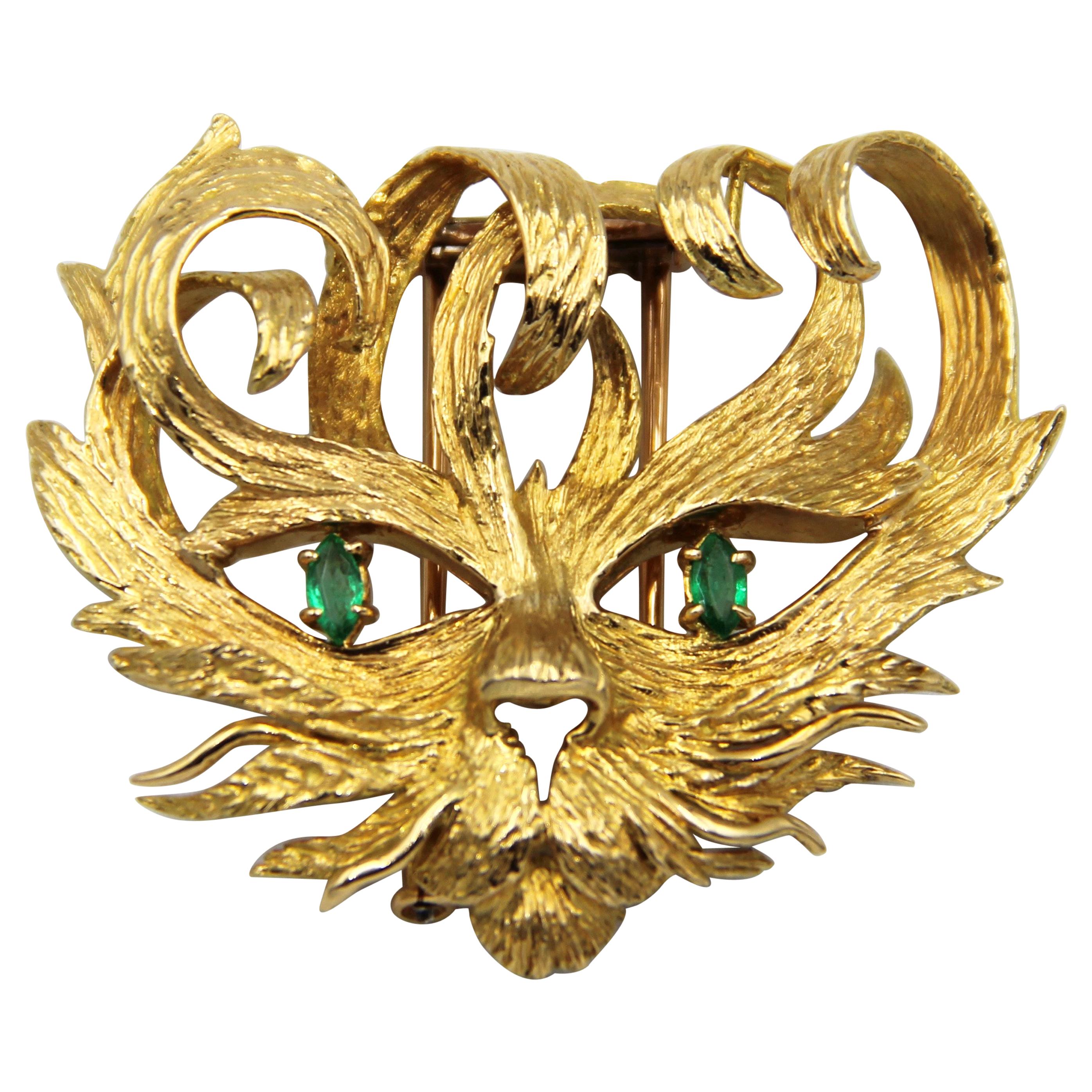 Hermes Mistigri Lion Cat Emerald 18k Yellow Gold Brooch For Sale