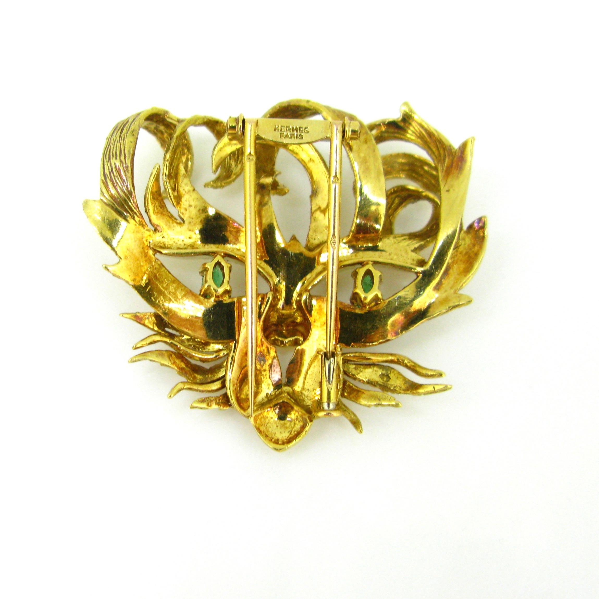 Retro Hermès Mistigri Lion Cat Emerald Jean Cocteau Design 1960s Yellow Gold Brooch