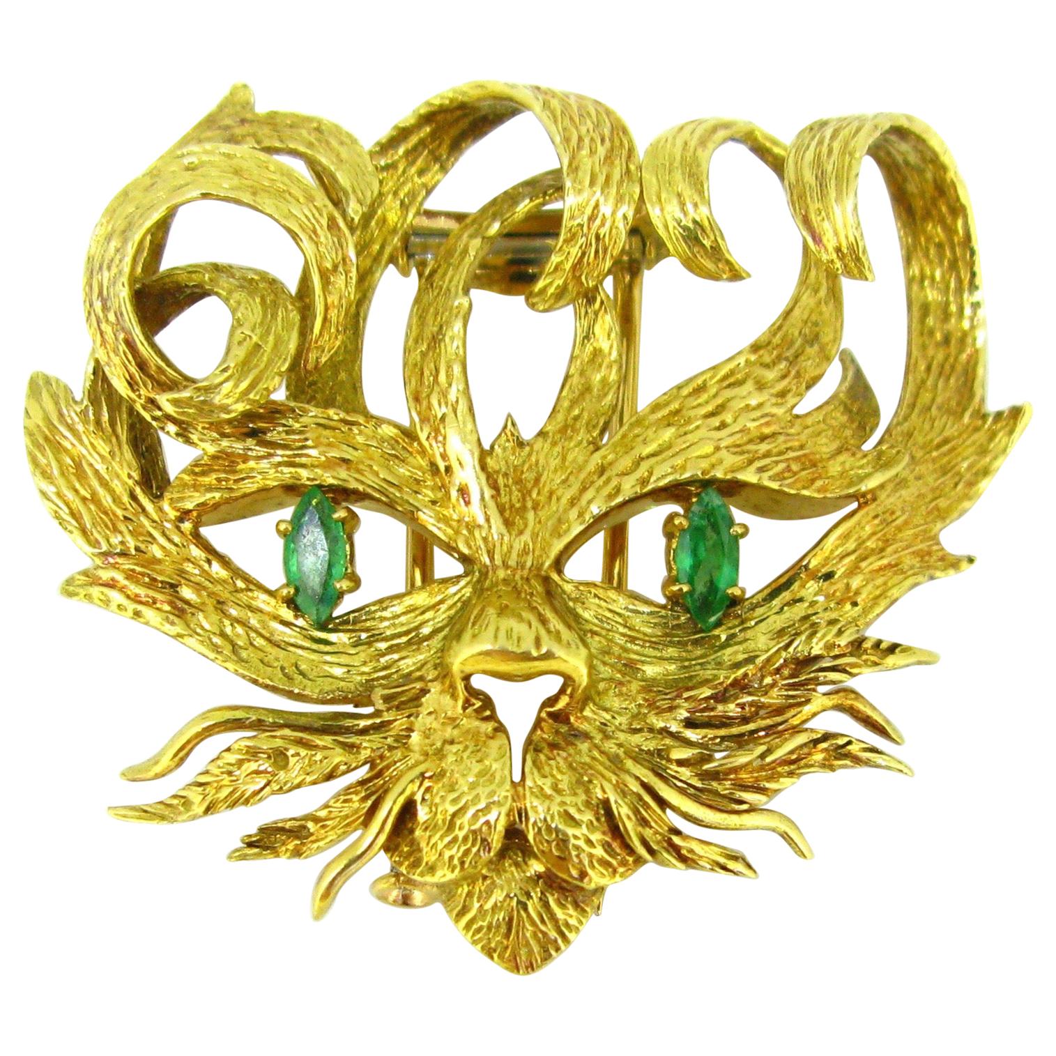 Hermès Mistigri Lion Cat Emerald Jean Cocteau Design 1960s Yellow Gold Brooch