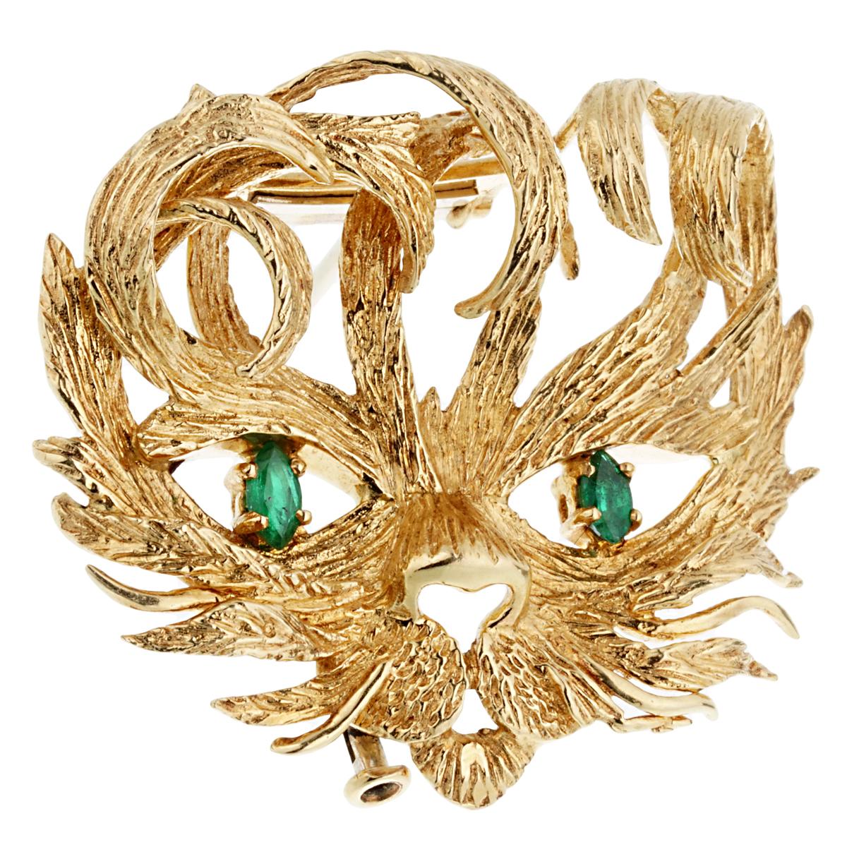 Marquise Cut Hermès Mistigri Lion Cat Emerald Yellow Gold Brooch