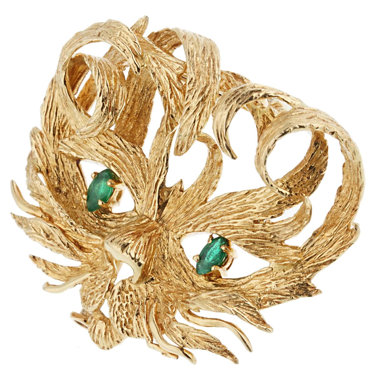 Hermès Mistigri Lion Cat Emerald Yellow Gold Brooch In Excellent Condition In Feasterville, PA