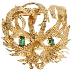 Hermès Mistigri Lion Cat Emerald Yellow Gold Brooch