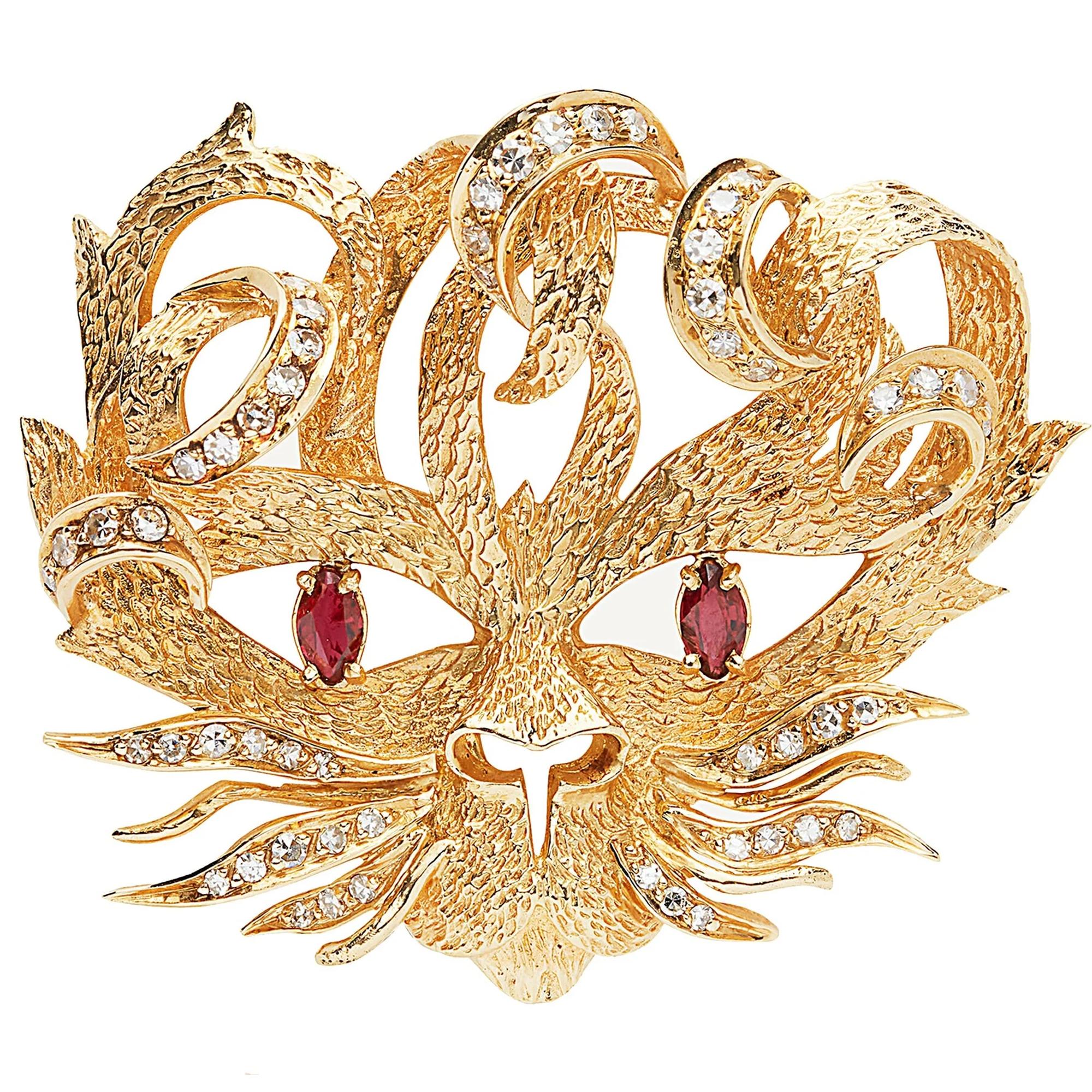 Mixed Cut Hermes Mistigri Ruby Diamond Yellow Gold Vintage Brooch For Sale