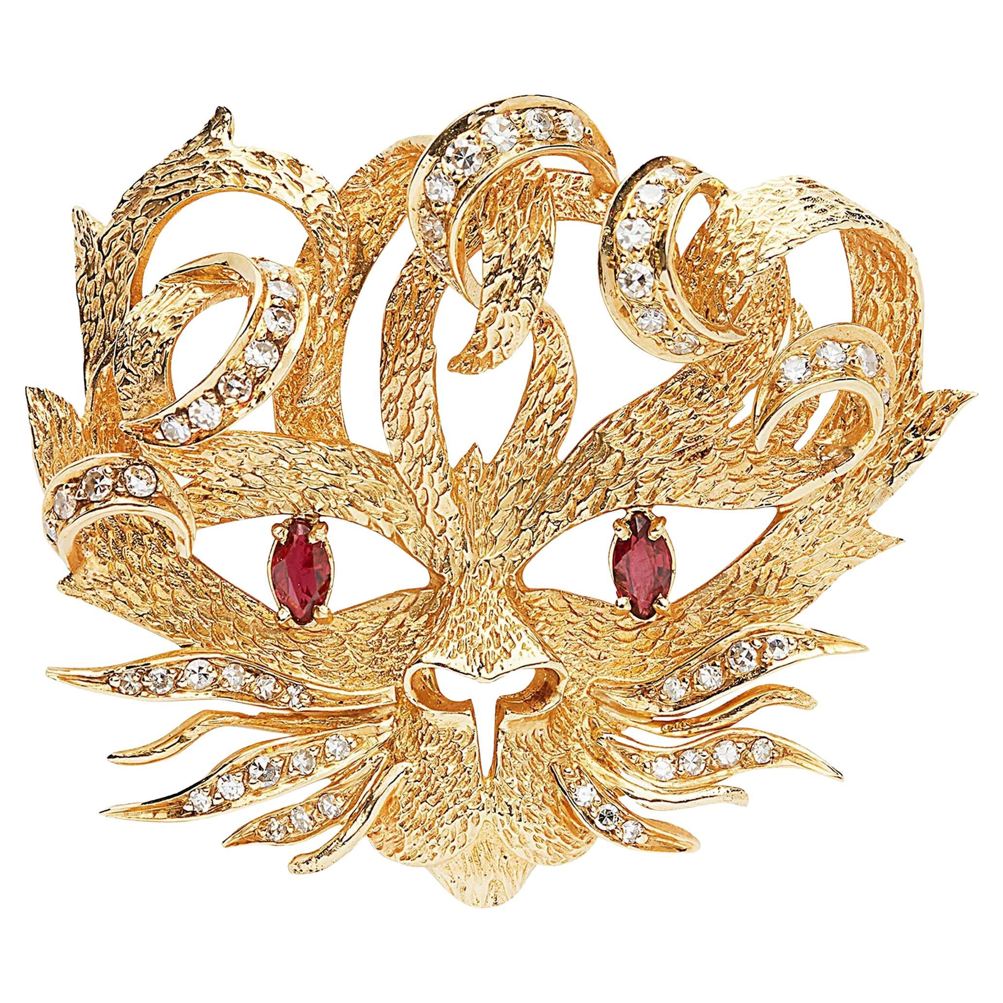 Hermes Mistigri Ruby Diamond Yellow Gold Vintage Brooch For Sale