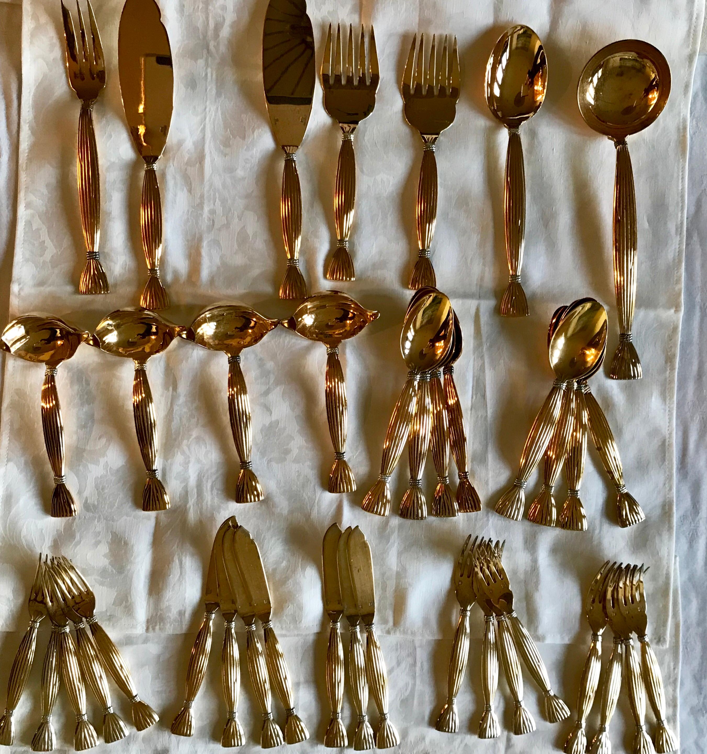 French Vintage Hermès “Moisson” Vermeil Cutlery, 67 Pieces Sold Together