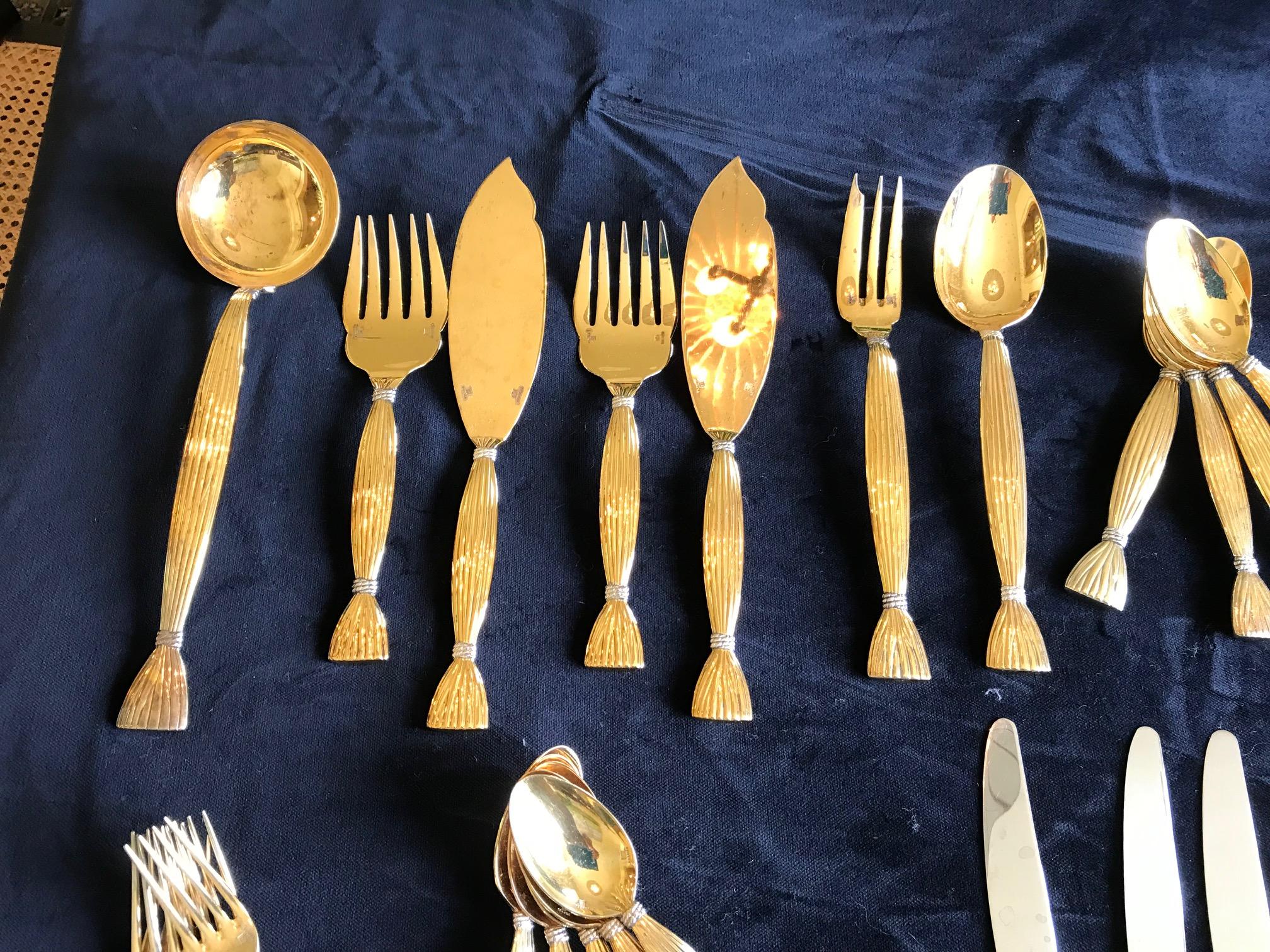 Vintage Hermès “Moisson” Vermeil Cutlery, 67 Pieces Sold Together In Good Condition In South Newfane, VT