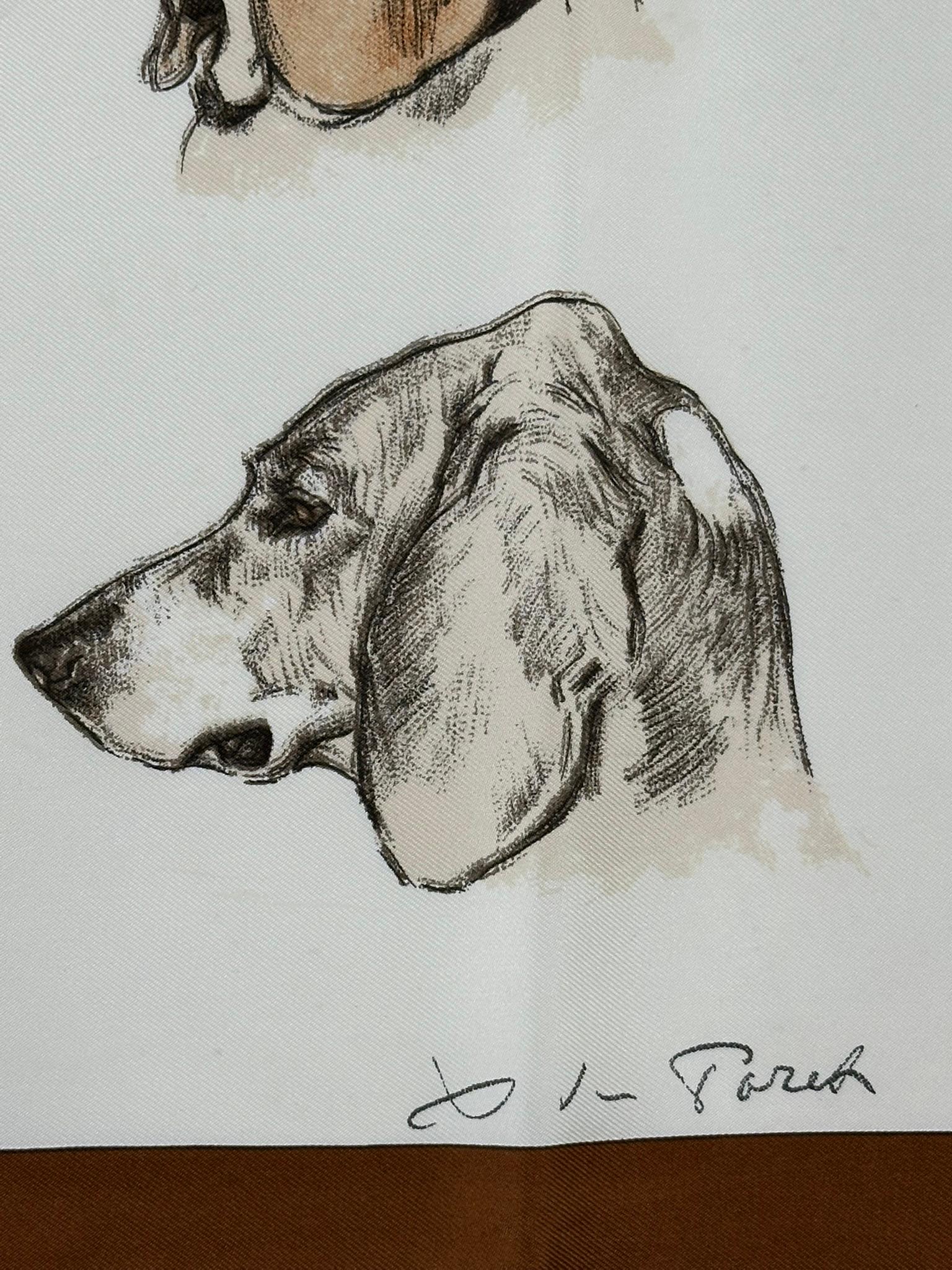 Hermes, Monarch, raro foulard in twill di seta da collezione, disegnato da Xavier de Poret, pubblicato per la prima volta nel 1974, questo bellissimo foulard è per gli amanti dei cani! ritratti splendidamente illustrati di cani da caccia sparsi su