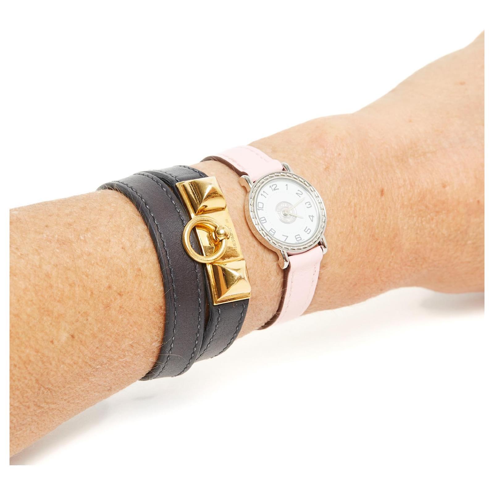 Hermès Montre Sellier PM Steel Sellier Watch with new Sakura Pink Bracelet Herme For Sale 2