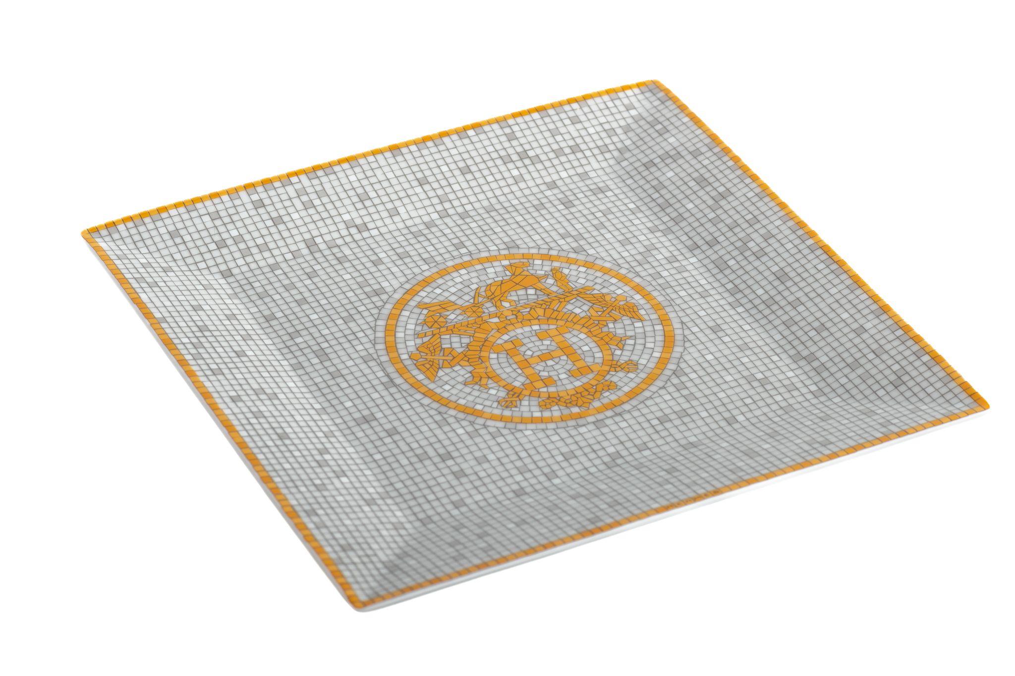 Hermes dark yellow, white and grey porcelain ashtray with Mosaic design. Comes with booklet and original box. 