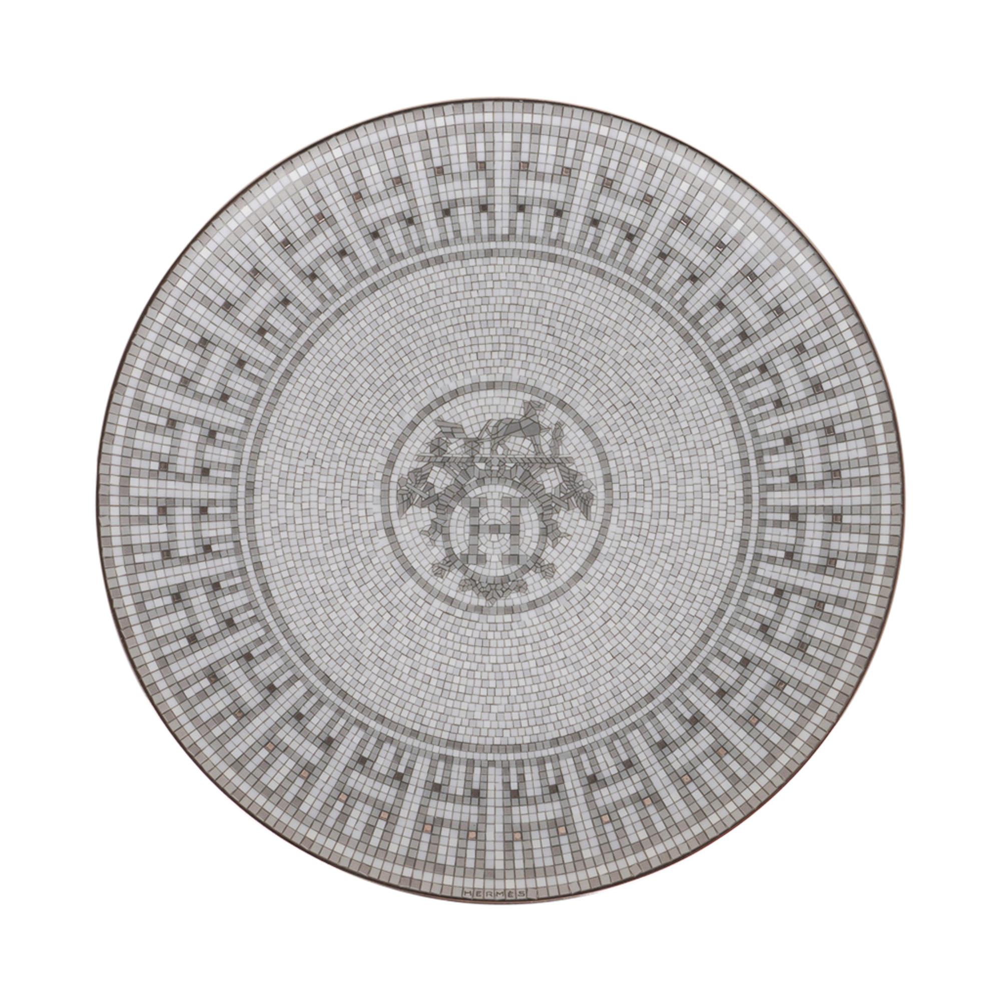 Gray Hermes Mosaique Au 24 Dessert Plate Platinum Set of 2 New w/Box For Sale
