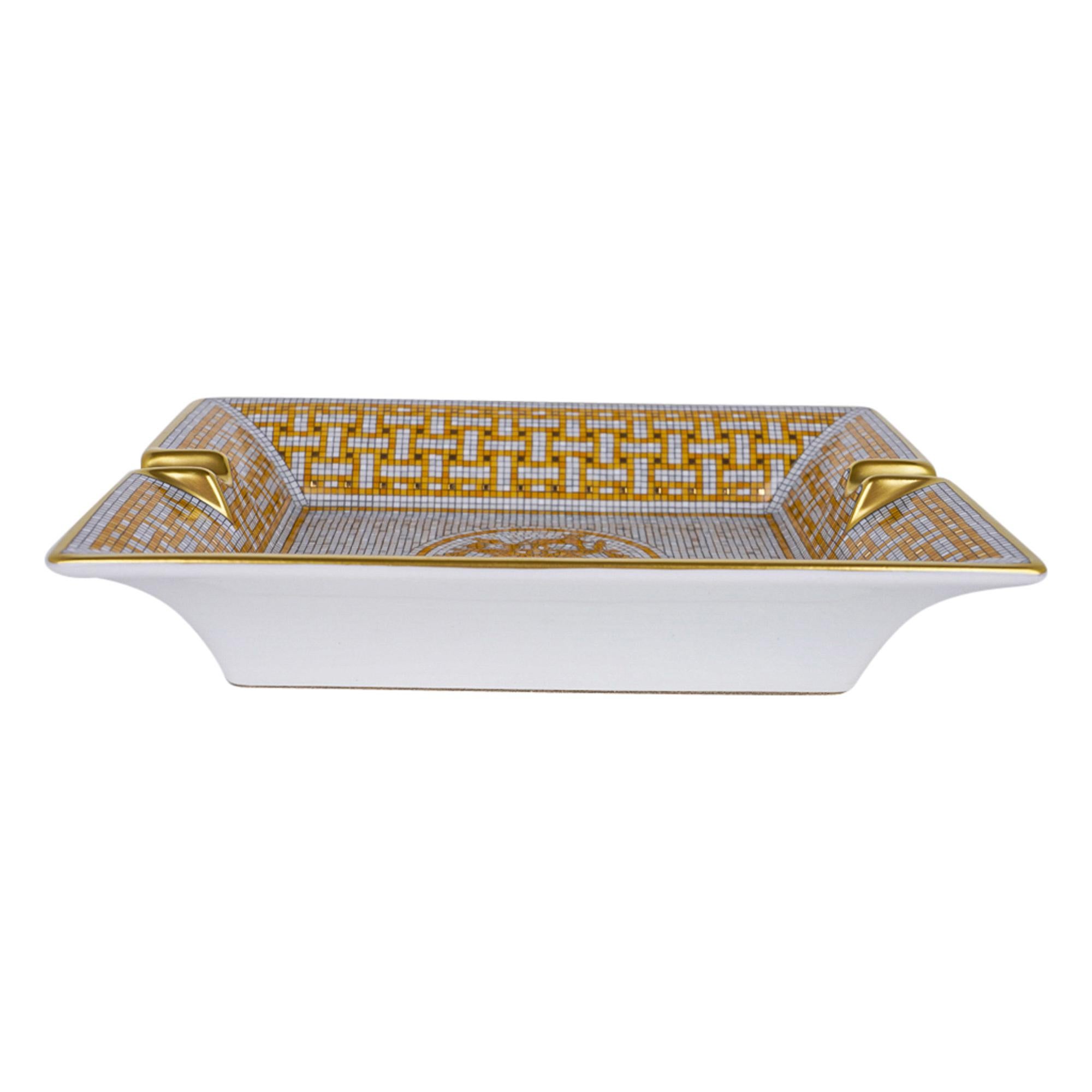 Hermes Mosaique Au 24 Gold Ashtray Limoges Porcelain Tray New w/Box 1