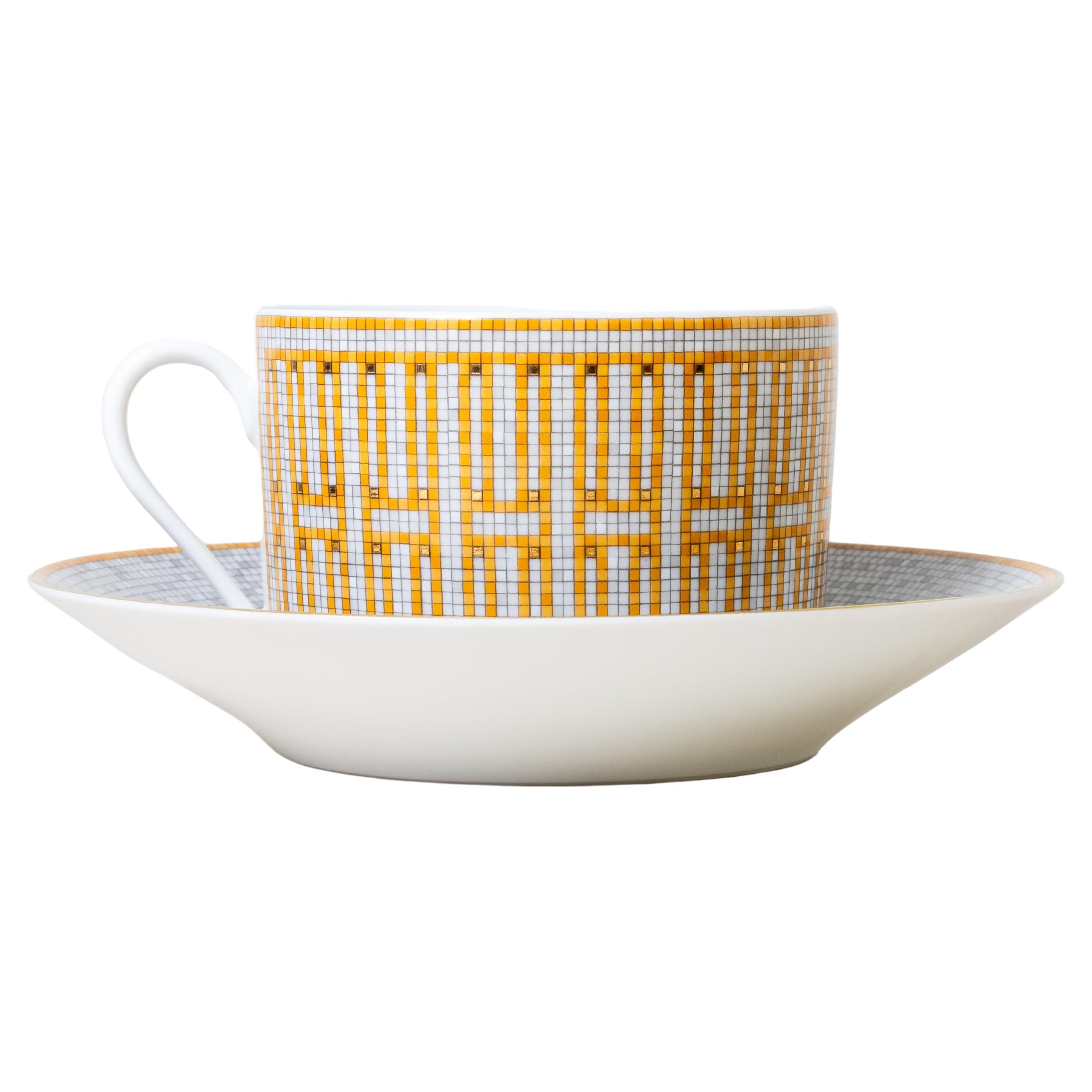 Hermes Mosaique Au 24 Gold Coffee Cup and Saucer Gold (Set of 2) For Sale