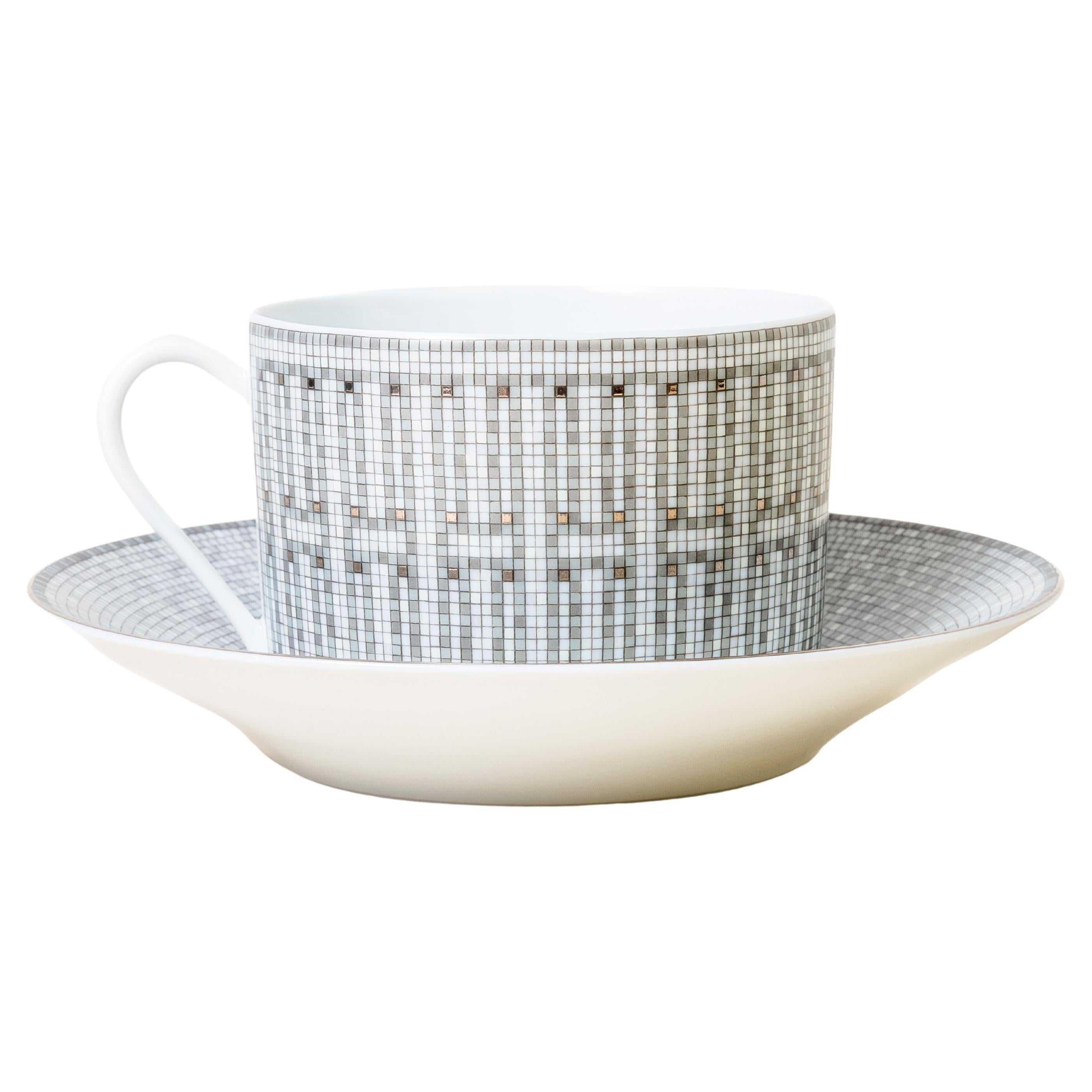 Hermes Mosaique Au 24 Platinum Coffee Cup and Saucer Platinum (Set of 2) For Sale