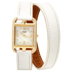 Hermes Mother Of Pearl Diamond 18K Yellow Gold Leather Women's Wristwatch 23 mm
