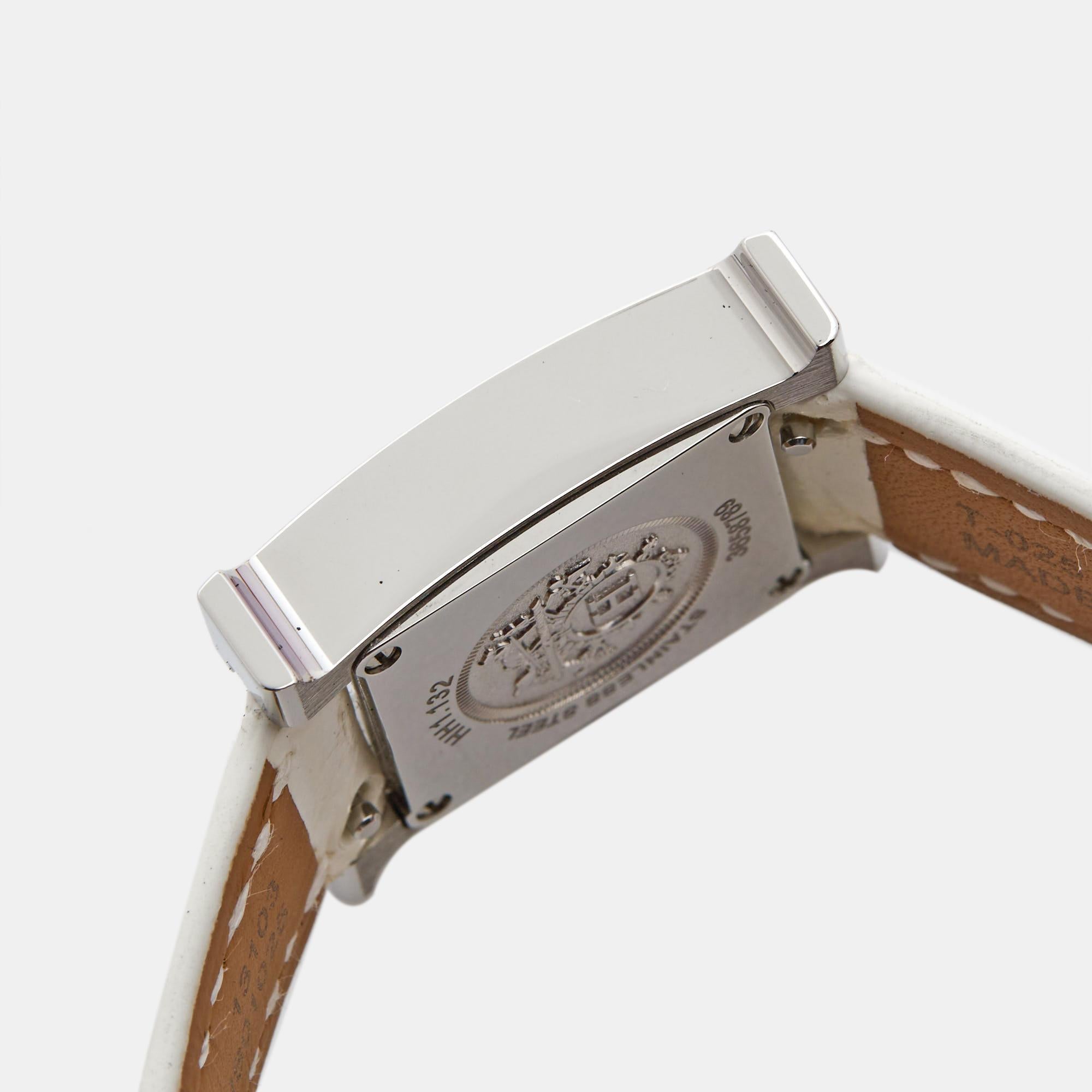 Hermès Mother Of Pearl Diamond Leather H W057250 Wristwatch 17 mm In Excellent Condition For Sale In Dubai, Al Qouz 2