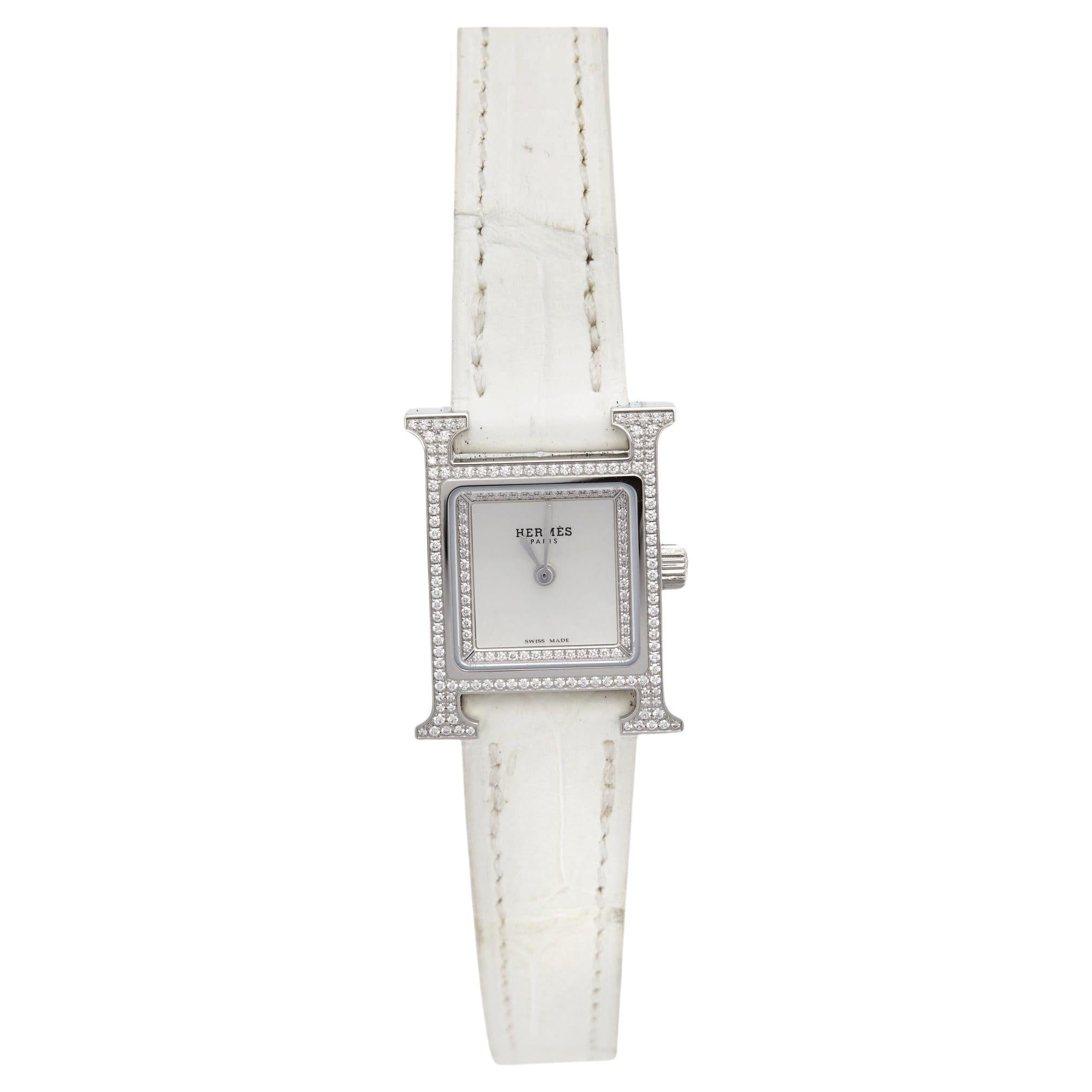 Hermès Mother Of Pearl Diamond Leather H W057250 Wristwatch 17 mm For Sale