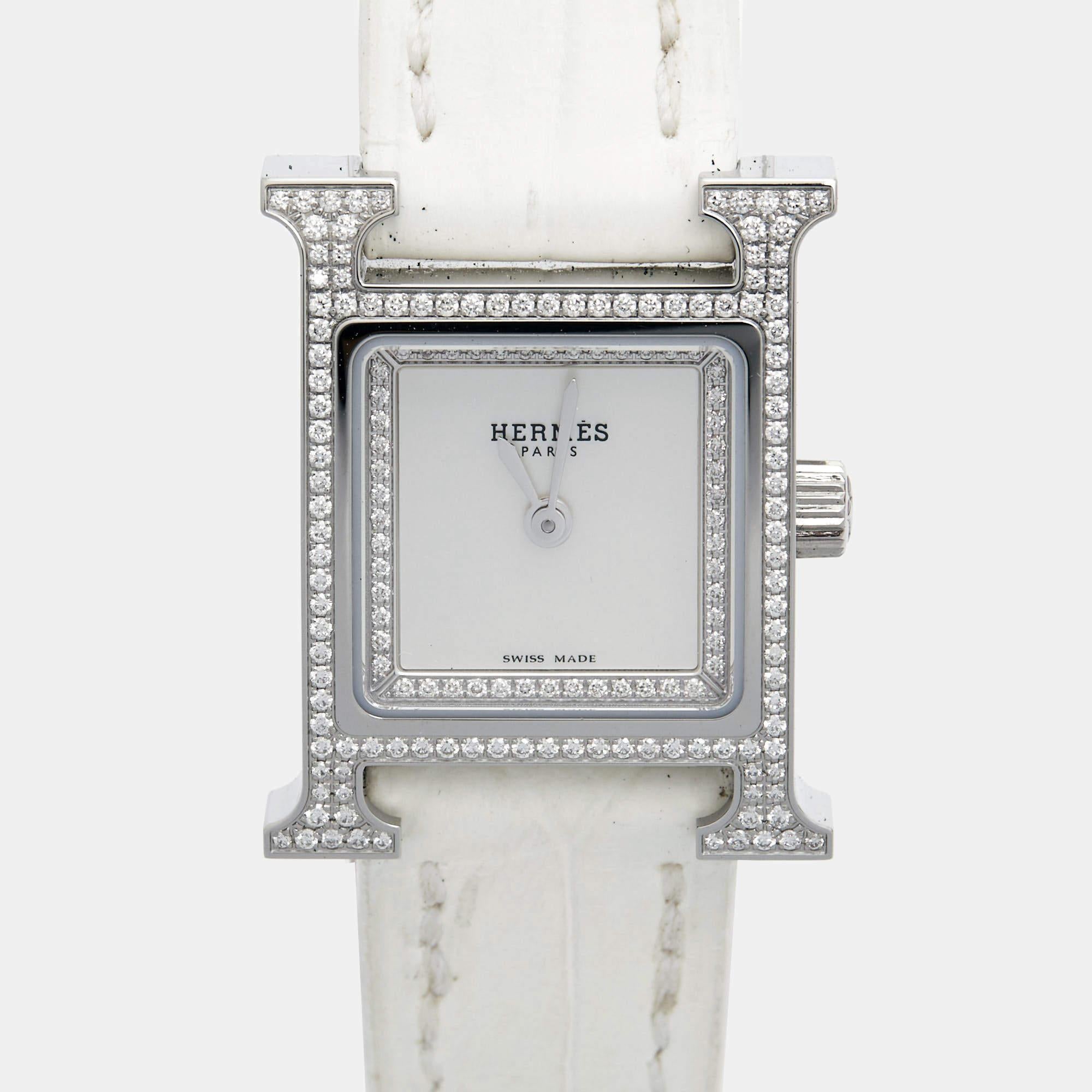 Hermès Mother Of Pearl Diamond Stainless Steel Alligator Leather Heure H W057250 In Excellent Condition In Dubai, Al Qouz 2