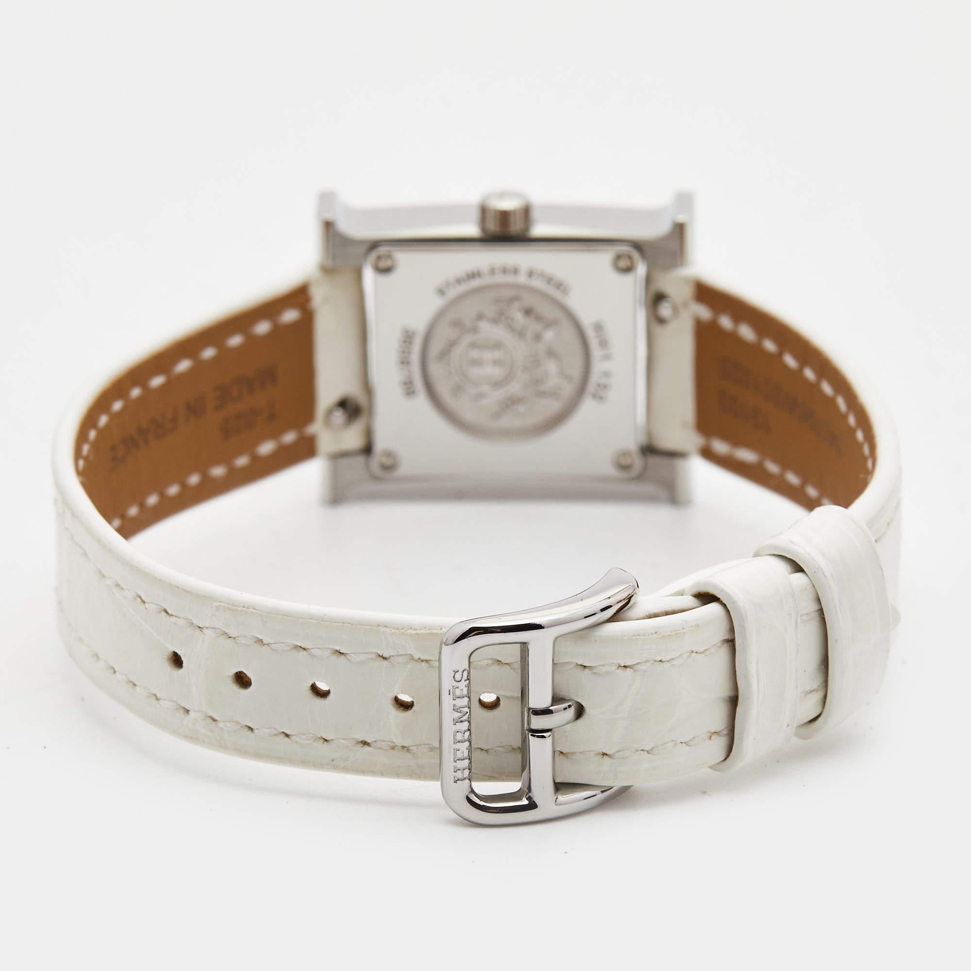 Hermès Mother Of Pearl Diamond Stainless Steel Alligator Leather Heure H W057250 2