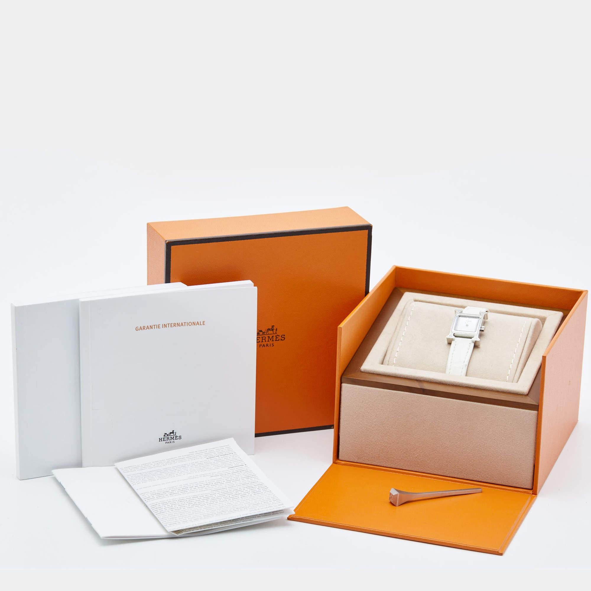 Hermès Mother Of Pearl Diamond Stainless Steel Alligator Leather Heure H W057250 4