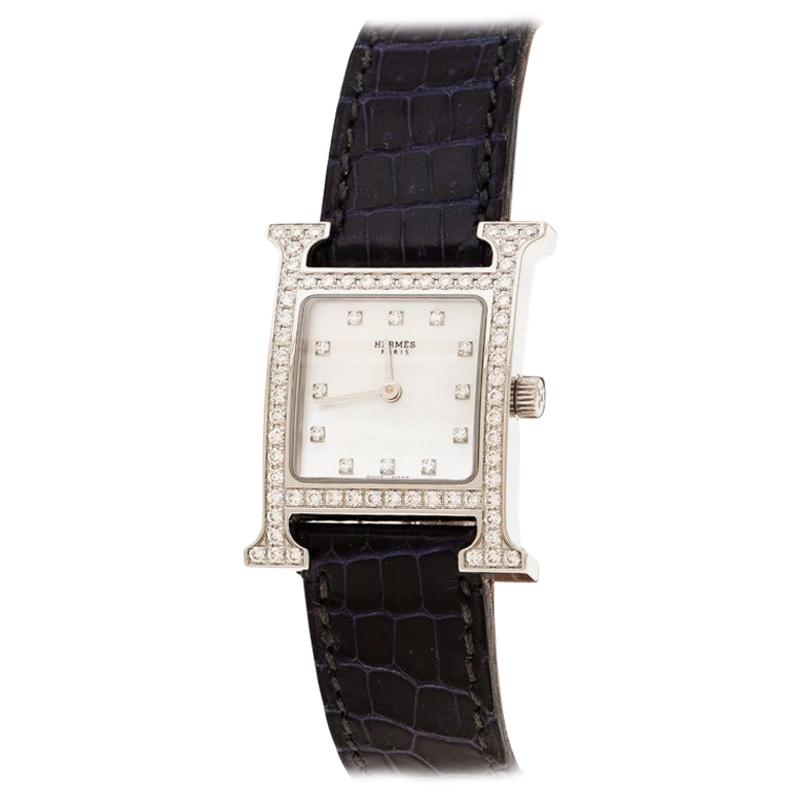 Hermes Mother of Pearl l Diamonds H Hour HH1.230 Women's 