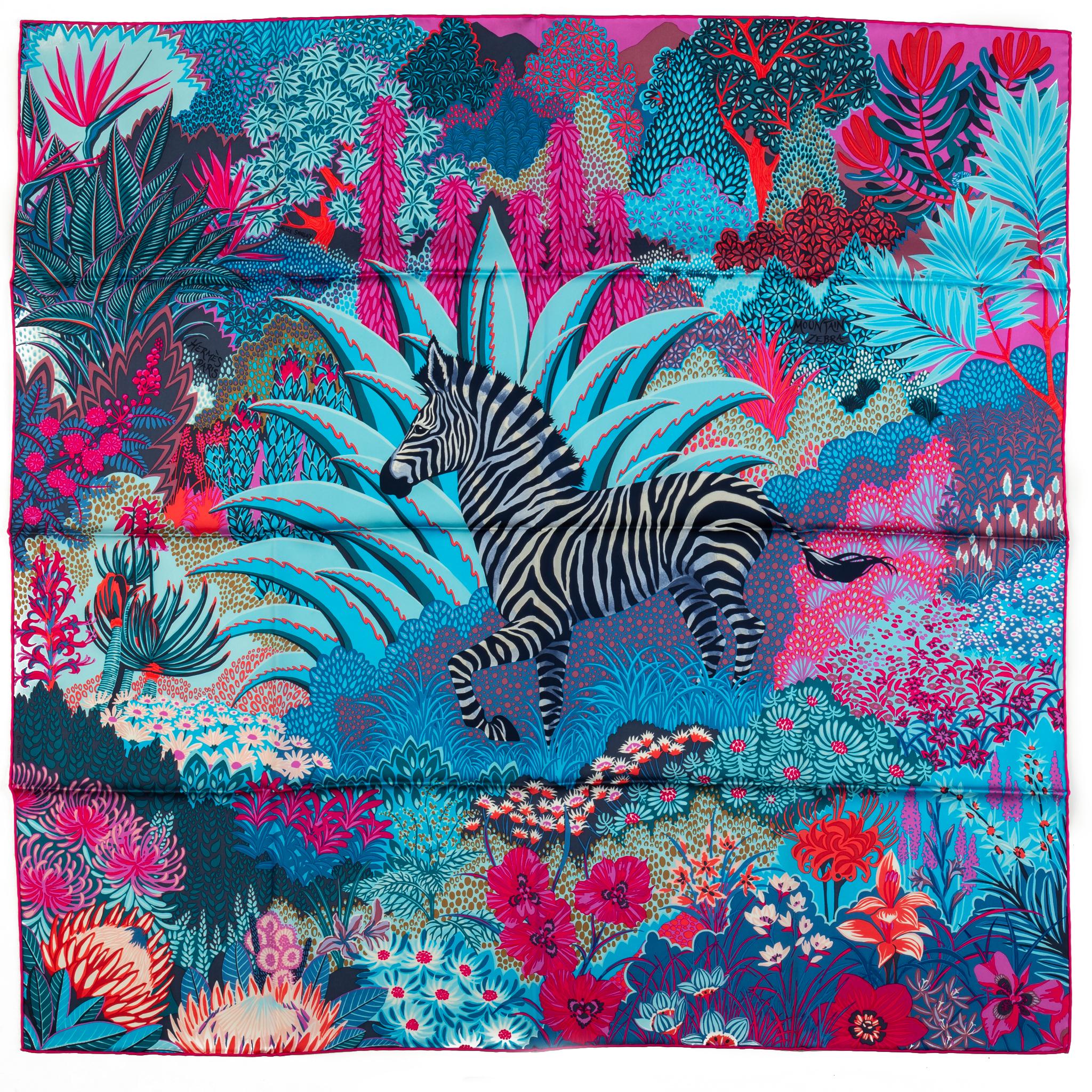 Hermès Mountain Zebra Pink Blue Scarf In New Condition In West Hollywood, CA