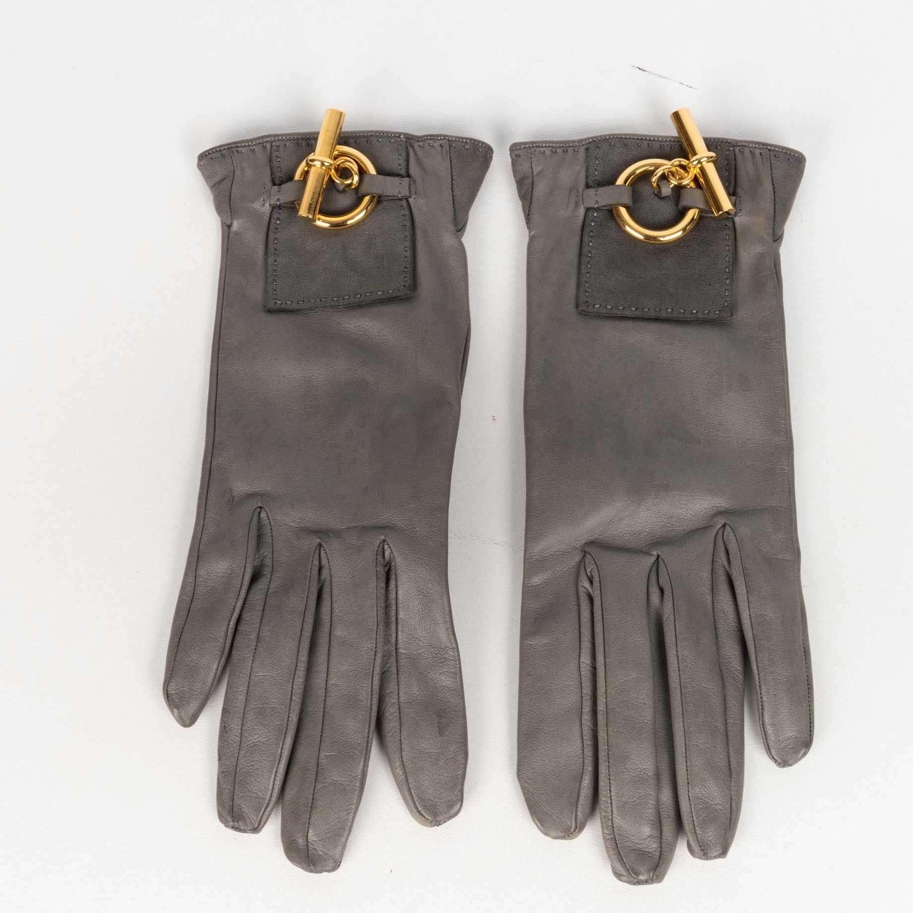 Gray Hermès Mouse Grey Leather Gloves