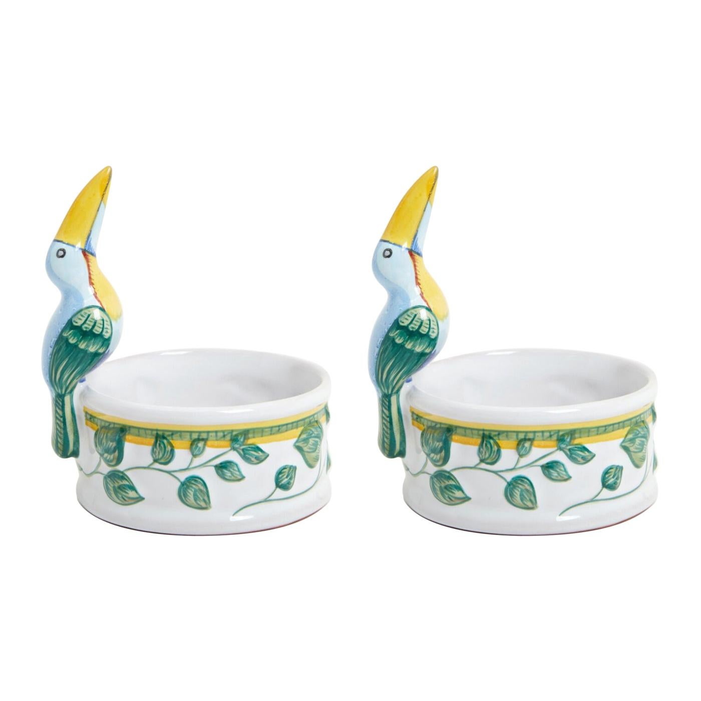 Hermes & Moustiers, Pair of Polychrome Earthenware Candlesticks "Toucans" For Sale